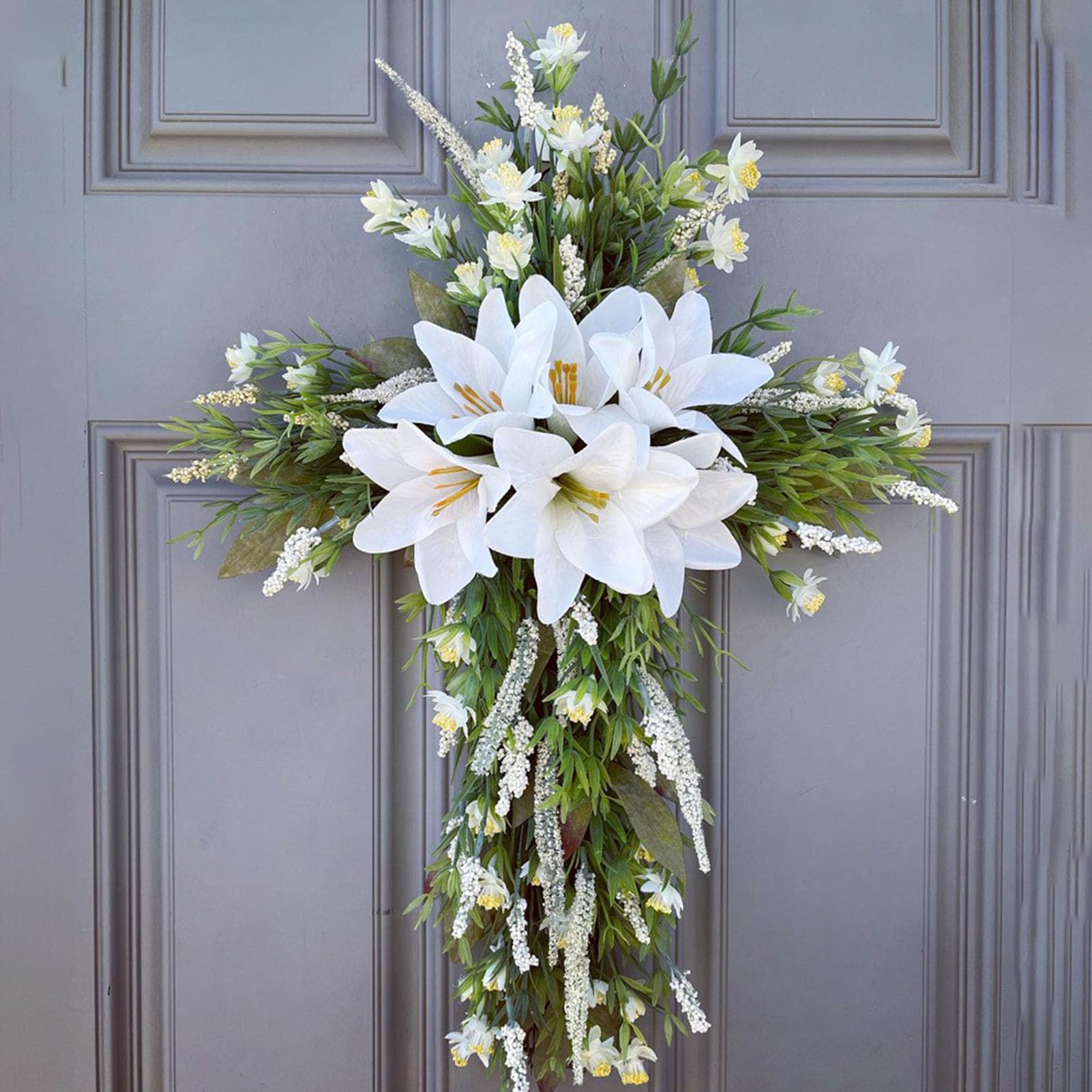 RXMORI Easter Front Door Wreath Cross, Spring Wreath with Liliaceous,Easter Wreath Cross Simulated Lily Garland Door Hanging Decoration