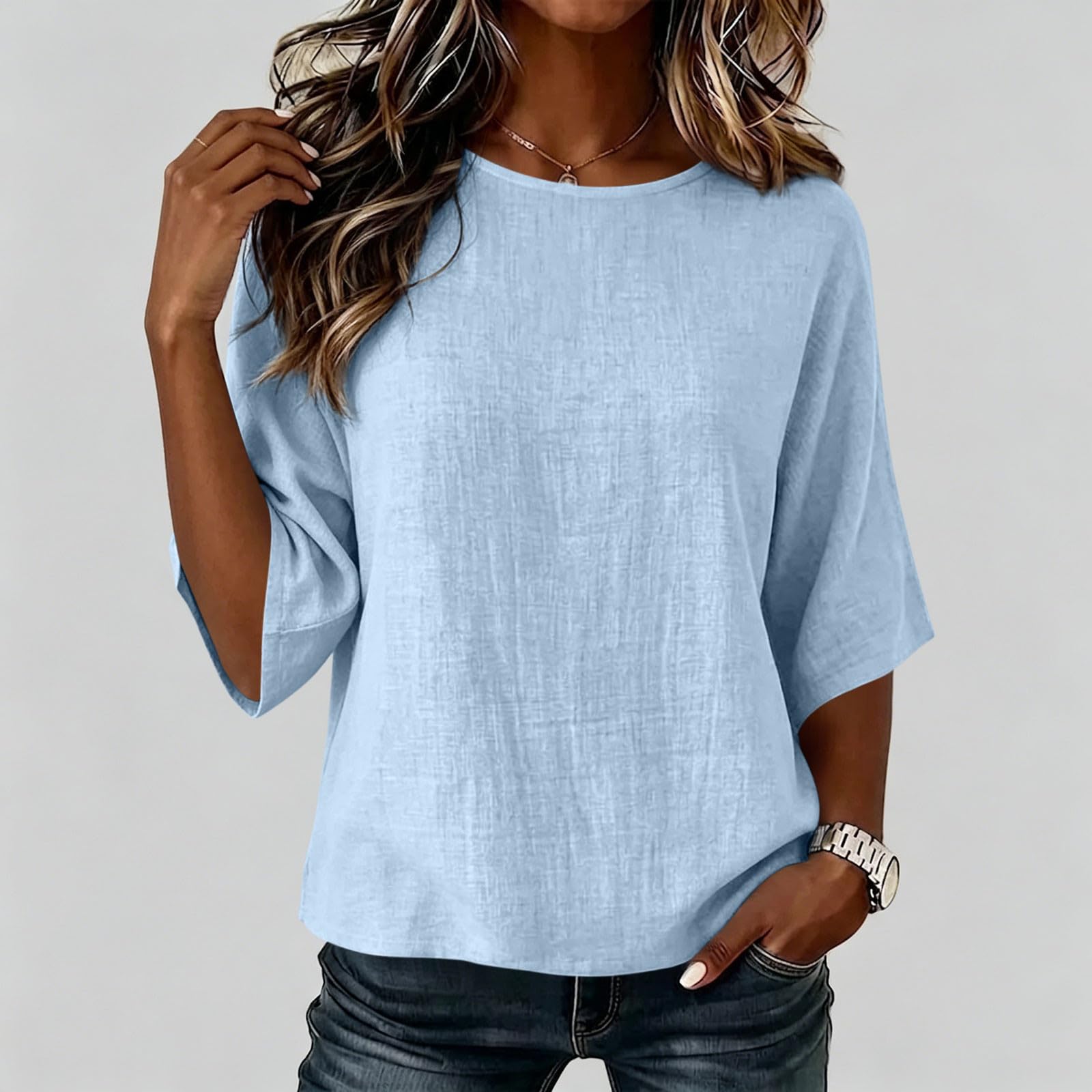 T-Shirt Femme Manche 3/4 Haut Chic Élégant Tunique Ample Fluide Couleur Unie Blouse Décontractée Coupe Droite en Maille Légère pour Look Quotidien Casual