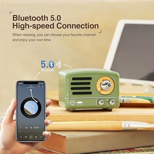 Miniatura 4 de Muzen Altavoz Bluetooth portátil, OTR Metal Vintage Pequeño Altavoz Inalámbrico, Radio FM Retro con Antena AUX, 10h+ tiempo de reproducción largo,