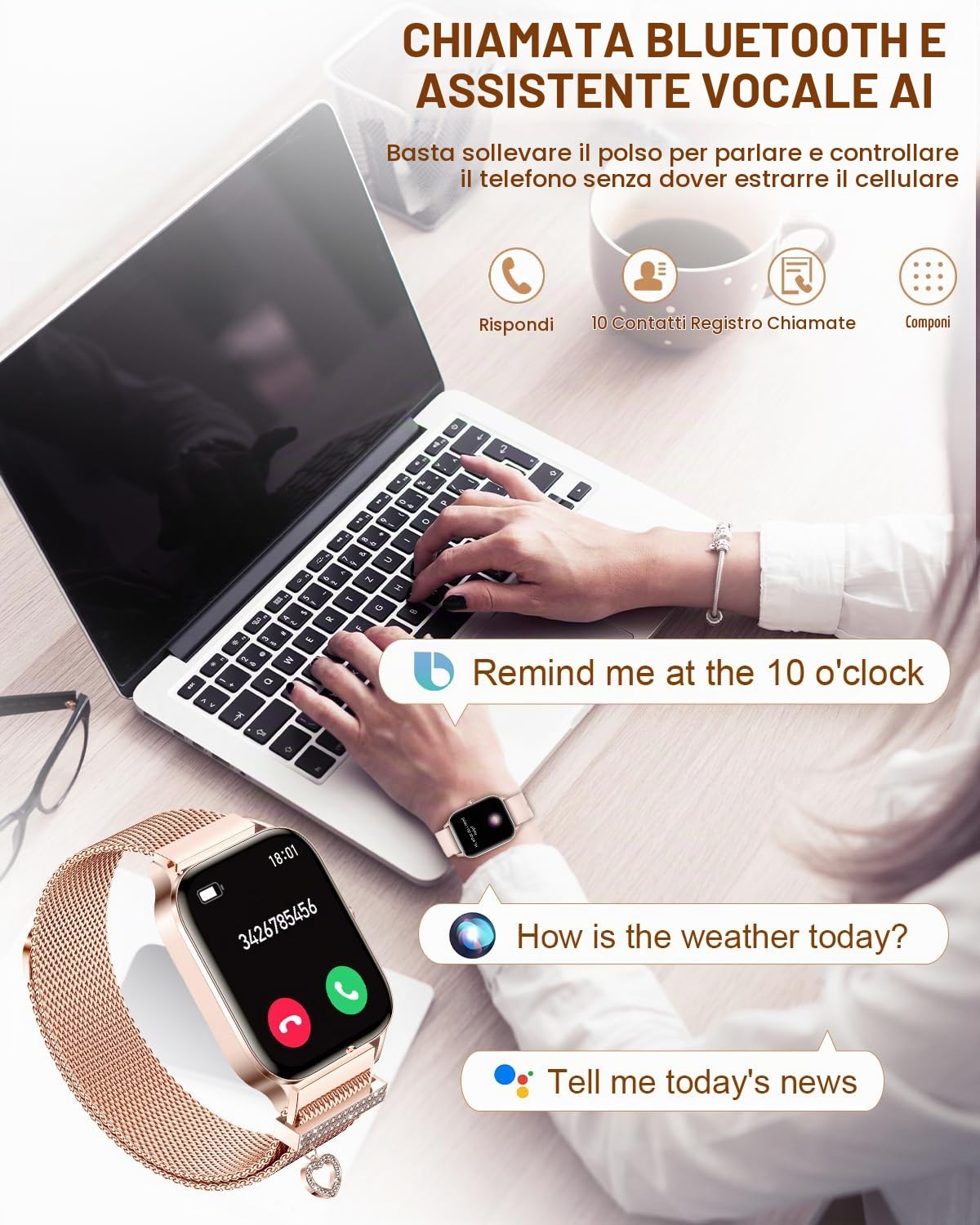 Orologio Smartwatch Donna con Chiamate e Notifiche 4 Cinturini 1.85" Orologio Fitness Contapassi Frequenza Cardiaca Sonno 100+ Sportive Smart Watch Donna per Android iOS, Rose Gold