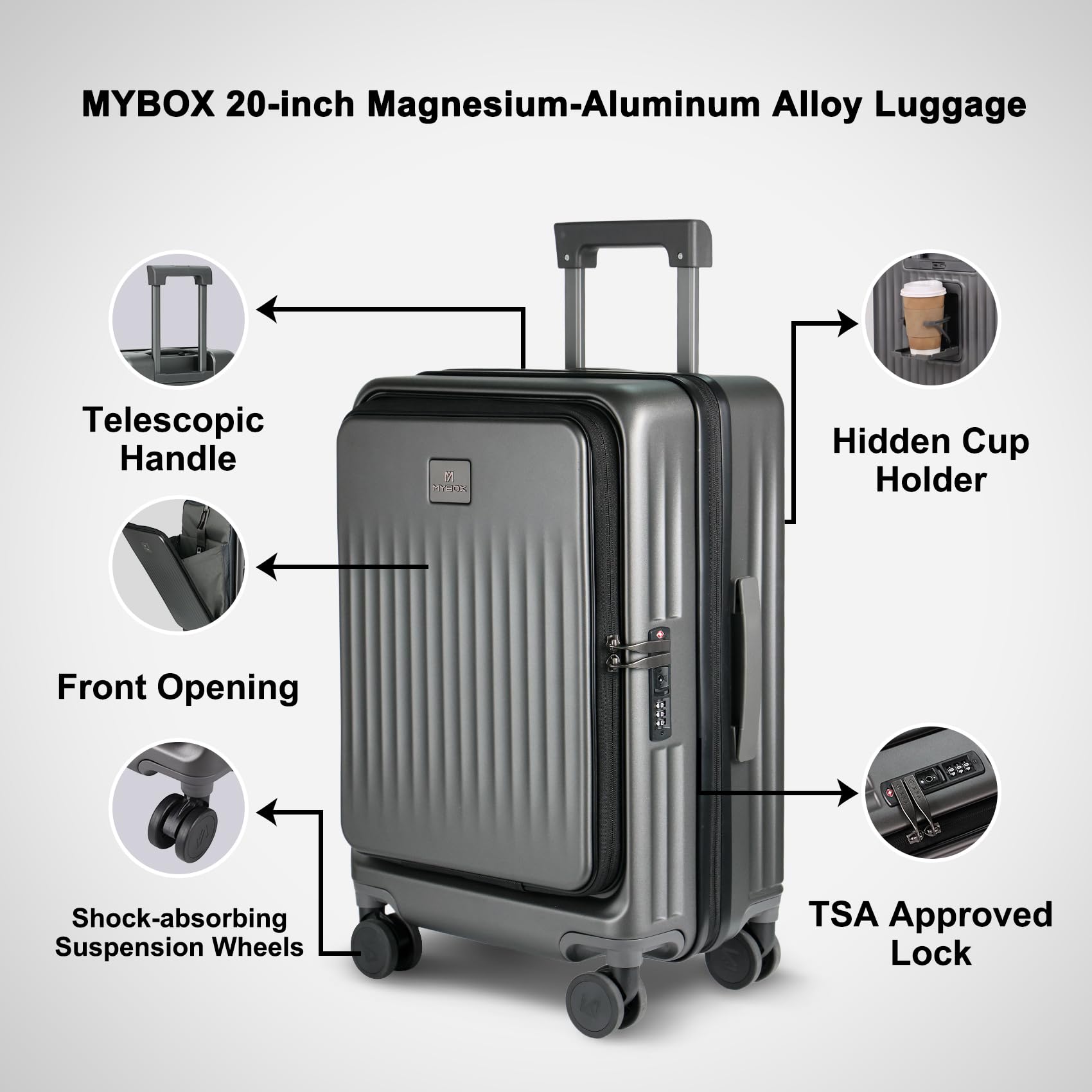MYBOX Juego de equipaje de 2 piezas con equipaje de mano de 20 pulgadas y funda de viaje de 12 pulgadas, maleta de bolsillo frontal con ruedas giratorias, puerto USB y portavasos, equipaje rígido