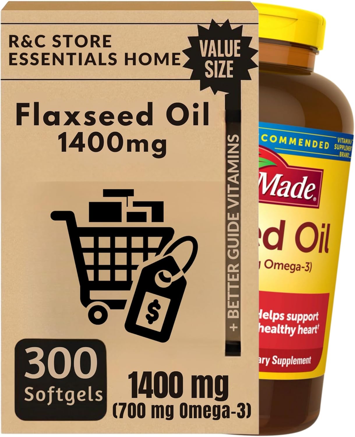 Nature Flaxseed Oil Capsules 1400mg (300 Softgels) | Plant-Based Omega-3 ALA | Bundle with Essential Vitamins Guide by R&C Store