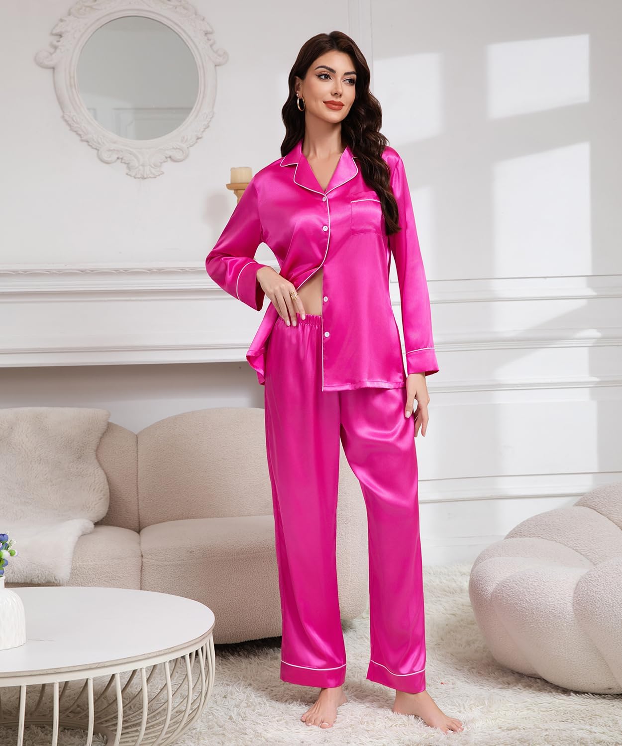 Maxbee Women's Satin Silk Pajamas Set, 2 Piece Notch Collar Silk Pjs, Button UP Pajama with Long Sleeve and Pants Silky - Image 4