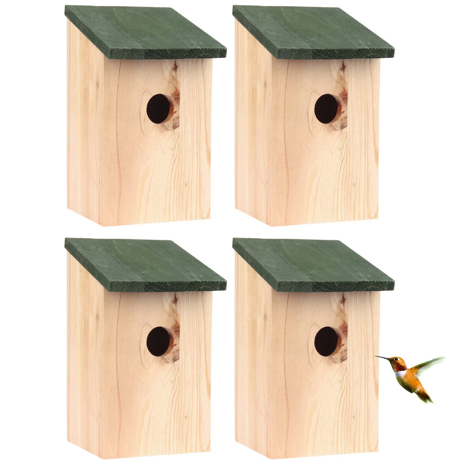 4 x Bird House Wooden Wild Small Wood Nesting Box Nesting Handy Home Garden Pressure Treated for Wild Birds with Traditional Hinged Roof