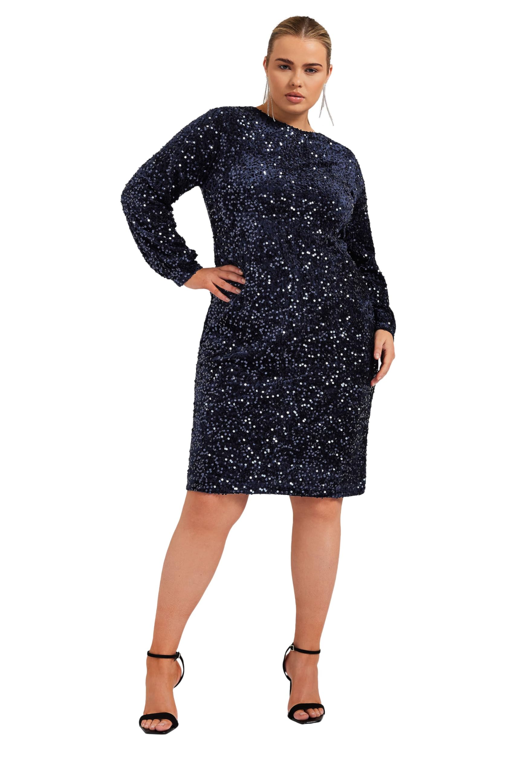 Yours London Curve Blue Sequin Velvet Shift Dress - Women's - Plus Size Curve