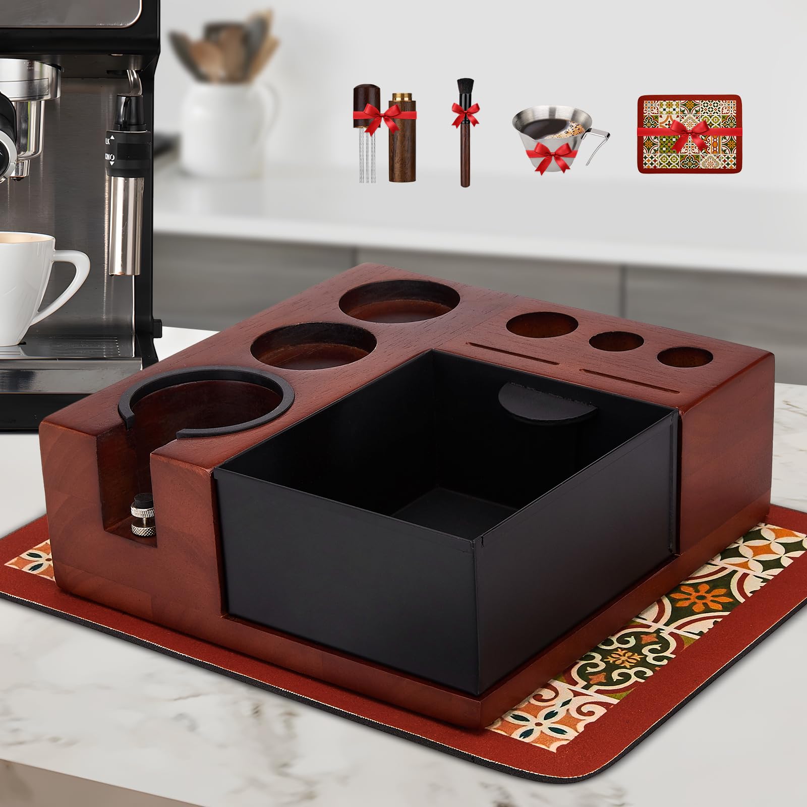 ARC Espresso Knock Box And Tamping Station, Fit For 51,54,58MM Portafilter Holder, Tamper, Distributor, Puck Screen Espresso Accessories, Coffee Organizer Station w/Bar Mat, Cleaning Brush, Shot Cup