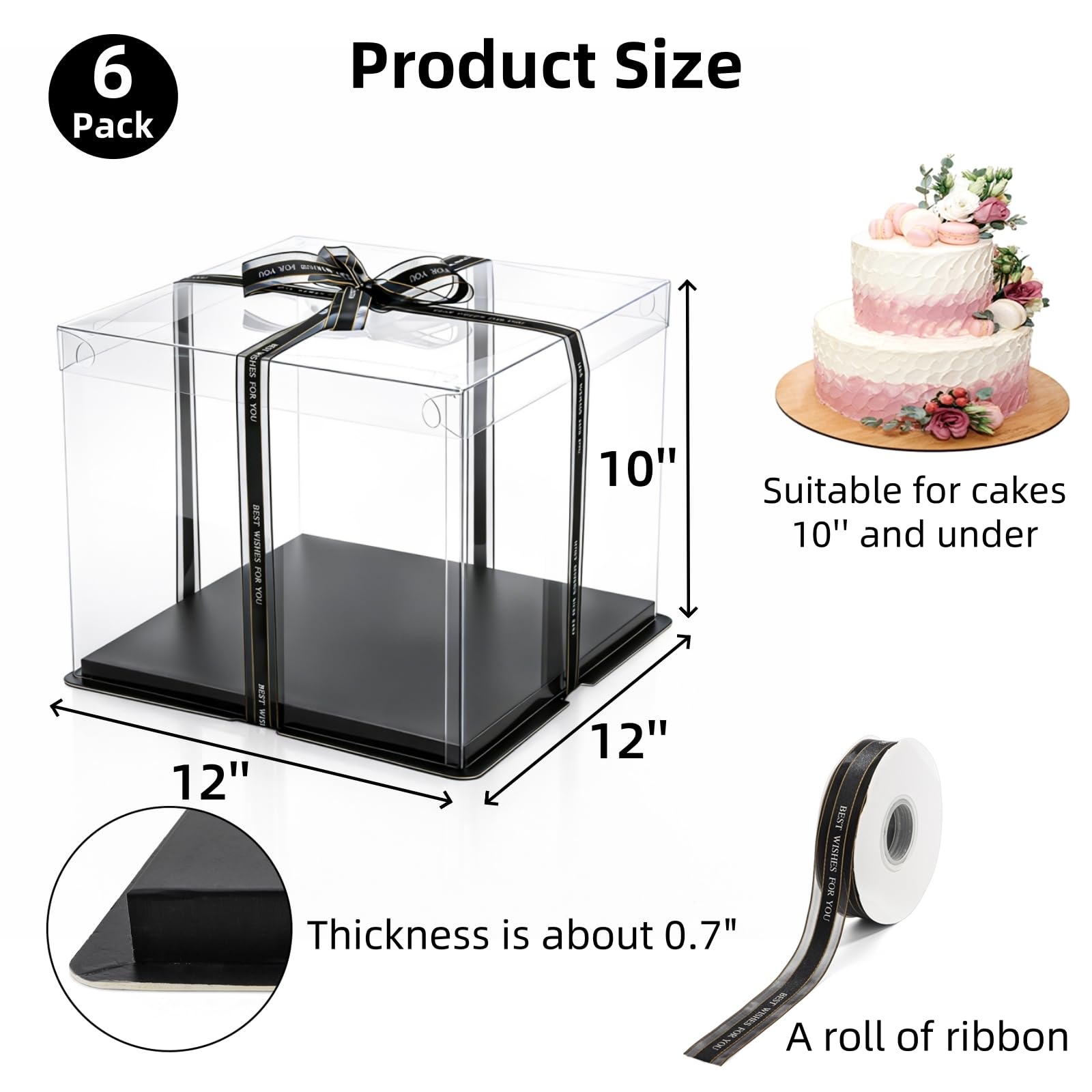 Cididu Paquete de 6 cajas grandes transparentes para tartas con cinta, cajas altas para tartas de 12 x 12 x 10 pulgadas, cajas de embalaje transparentes escalonadas con tapa, recipientes de regalo