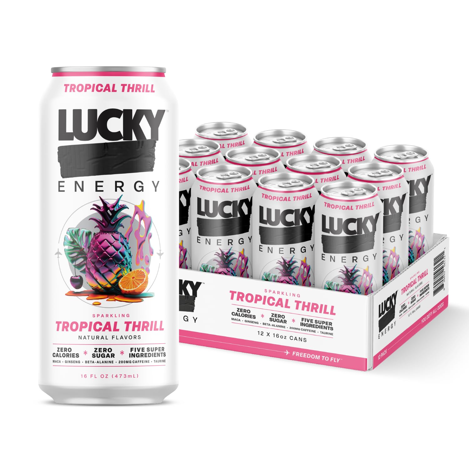 Lucky Energy Sugar Free Energy Drinks 16 Fl Oz Cans (12-Pack) Tropical Thrill with Maca, Ginseng, Taurine, Beta-Alanine, 200mg Caffeine
