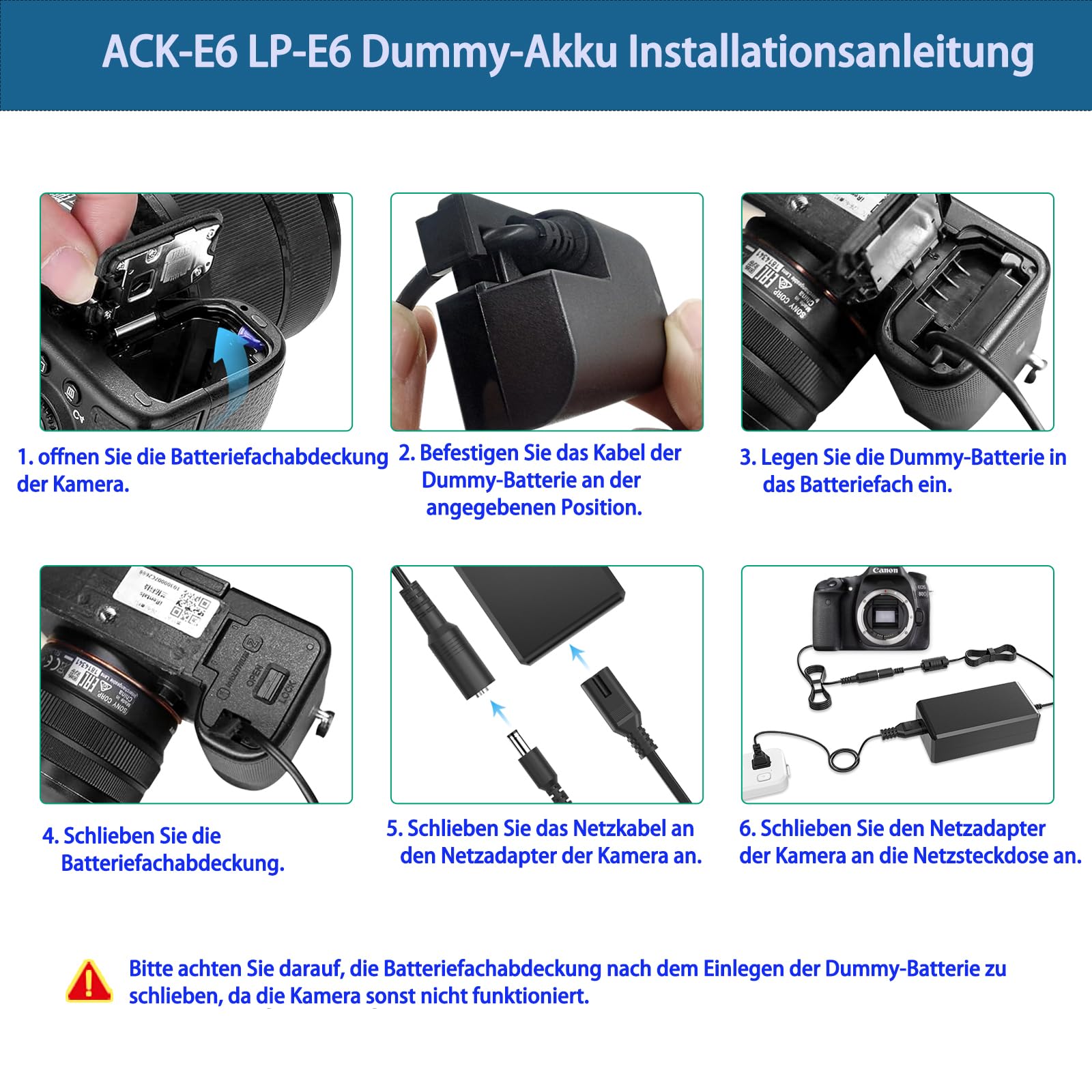 Dummy Akku LP-E6 LP-E6N LP-E6NH für Canon Kameras, ACK-E6 Netzteil Kit. | Kompatibel mit Canon EOS R Ra, R5 R5C, R6 / R6 Mark II, R7, 5D 6D 7D Mark IV III II, 60D 70D 90D 80D.