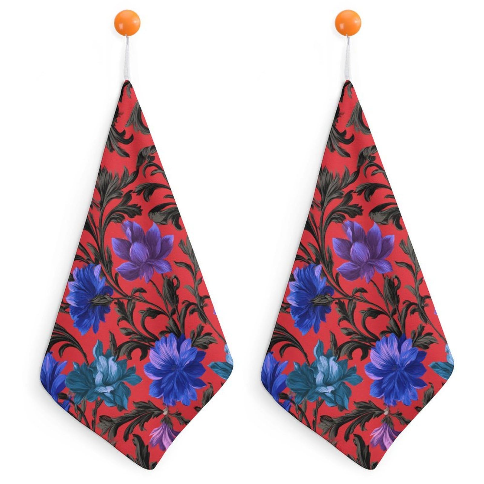 Jubonexis Botanical Motifs Blue Purple Flowers Small Hand Towel with Hanging Loop 2 PCS Absorbent Soft Wash Cloth for Kitchen Bathroom