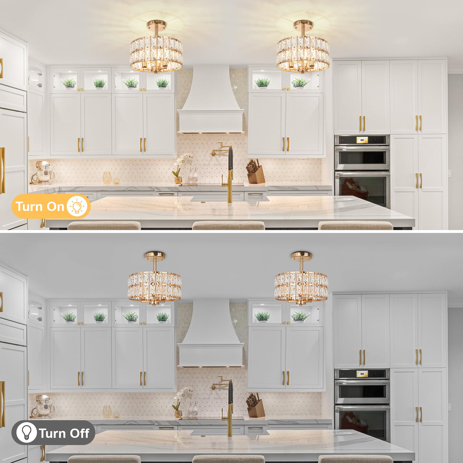 LynPon Lampadario a Soffitto Oro con Cristalli, 3 Luci E14 Lampada da Soffitto Moderna Semi-Incasso, Plafoniera Elegante in Cristallo per Soggiorno, Camera da Letto, Cucina, Corridoio, Sala da Pranzo