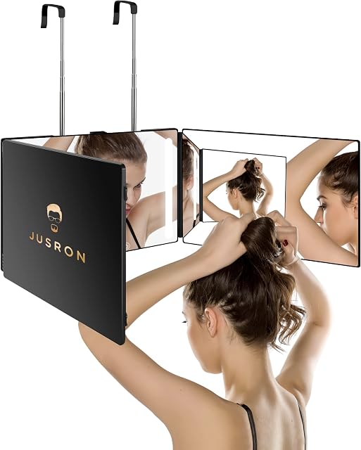 3 Way Mirror with Lights, 360 Mirror-Self Hair Cut, Adjustable Height&Rechargeable Trifold Barber Mirrors&LED Makeup Mirror, Light Up Your Back Head, DIY Haircut Tool are Good Gifts for Men Women