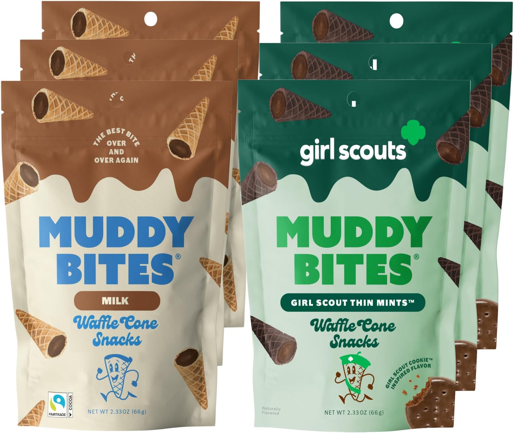Muddy Bites Waffle Cone Snacks Bite Sized Filled Waffle Cone Bites for Snack or Dessert, Milk & Girl Scout Thin Mints™, Made with Cane Sugar, Kosher, Fair Trade Certified (Variety Pack, 6 Bags)