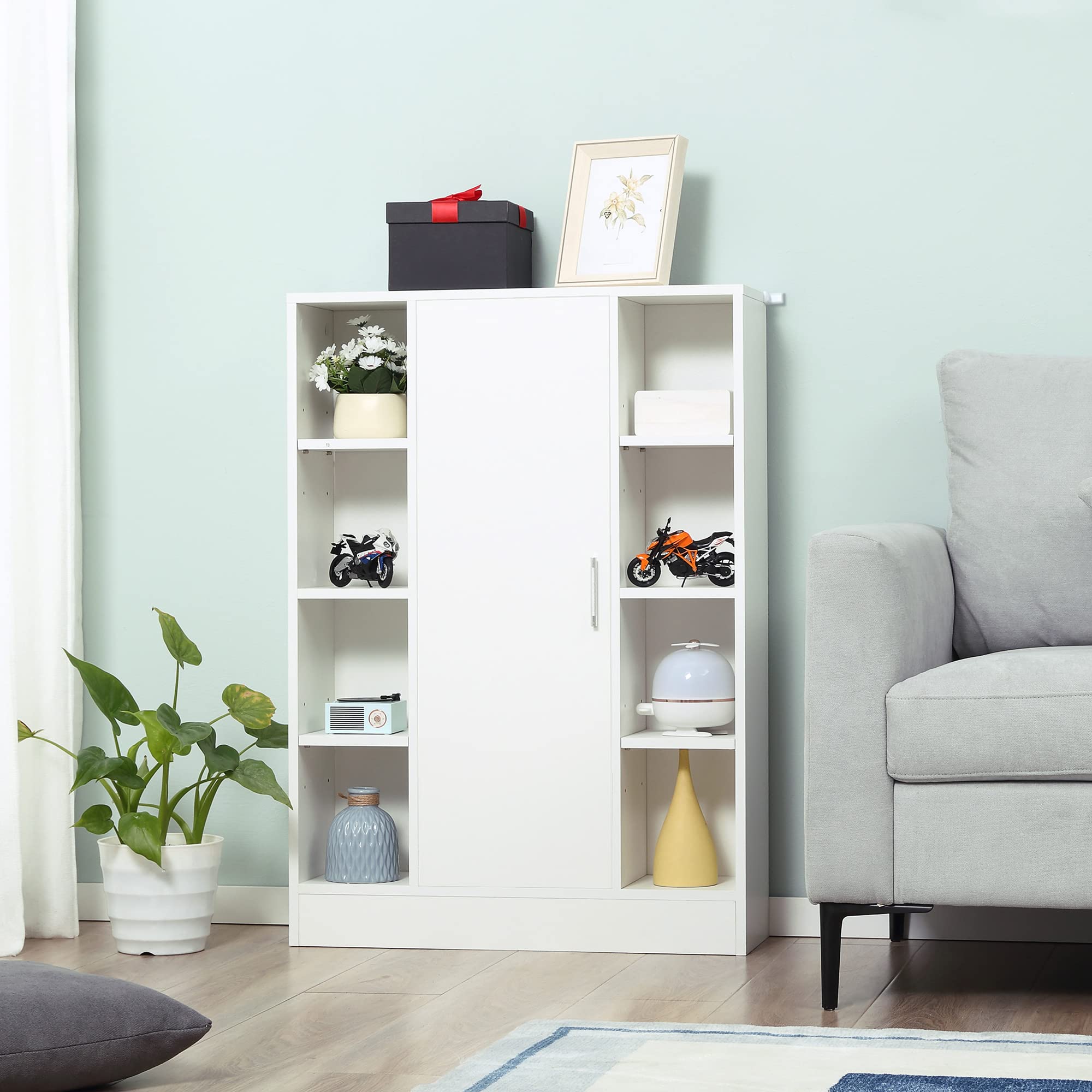 kleankin Armario de Suelo para Baño Madera 1 Puerta 71x22x100 cm Blanco | 8 Compartimentos Abiertos, Estantes Ajustables, Mueble Auxiliar Multiusos, para Cocina Salón