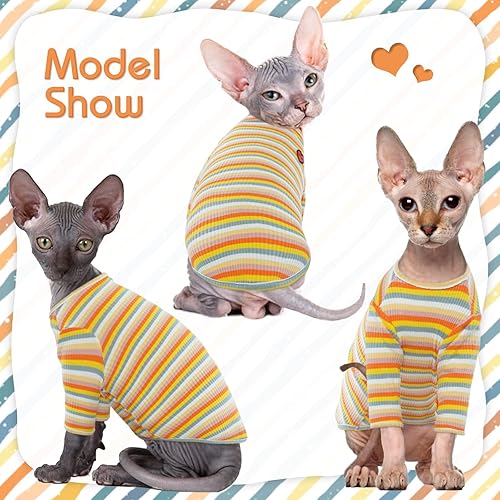 Miniatura 3 de Bonaweite Sphynx Camisa de gatos sin pelo, Cornish Rex Kitten Rainbow Stripe Camisetas con mangas, suéter de cuello alto transpirable para gatos,