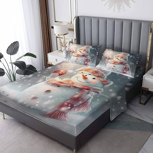 Miniatura 8 de Sábanas de muñeco de nieve de Navidad tamaño queen, sábanas de microfibra suave y bolsillo profundo, sábanas y fundas de almohada estampadas sin