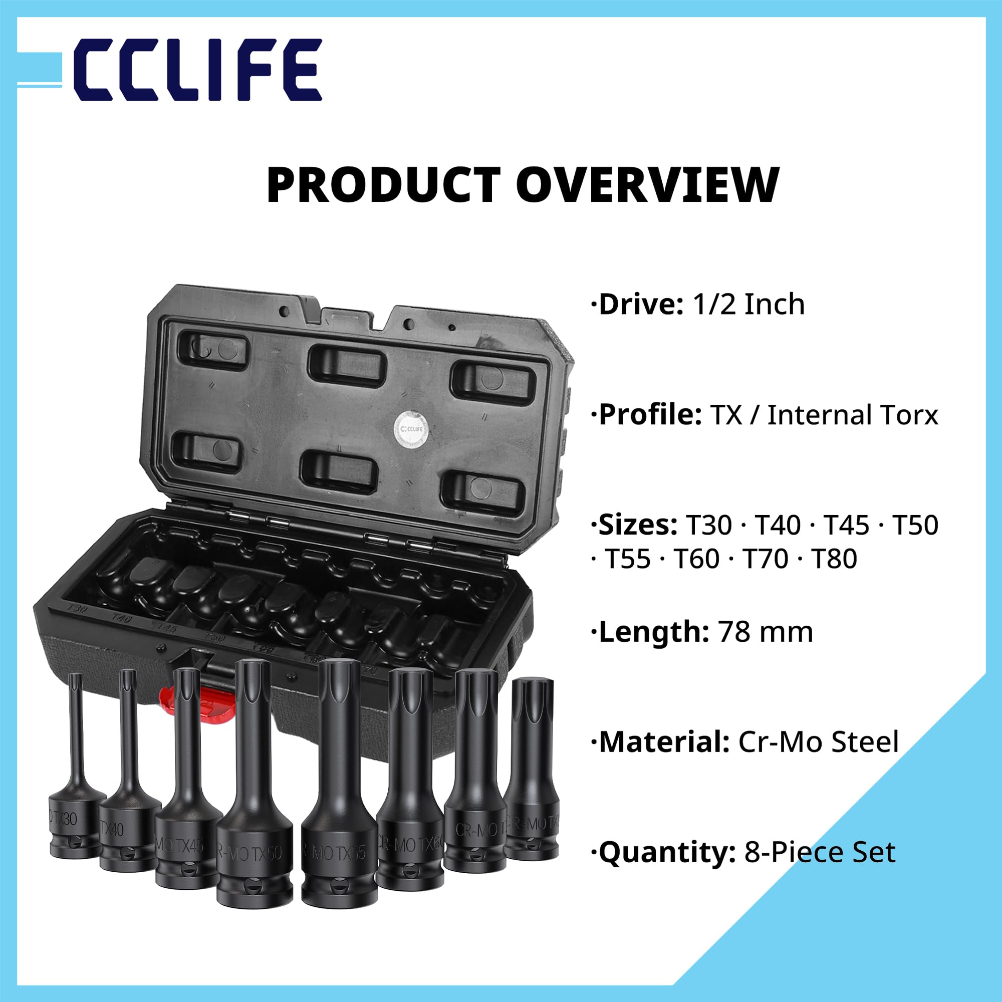 CCLIFE Torx KraftBit zestaw kluczy nasadowych 1/2", 8-częściowy zestaw końcówek do wkrętarki udarowej T30-T80 CR-MO, bity udarowe, 78 mm, bardzo długie, do naprawy i konserwacji