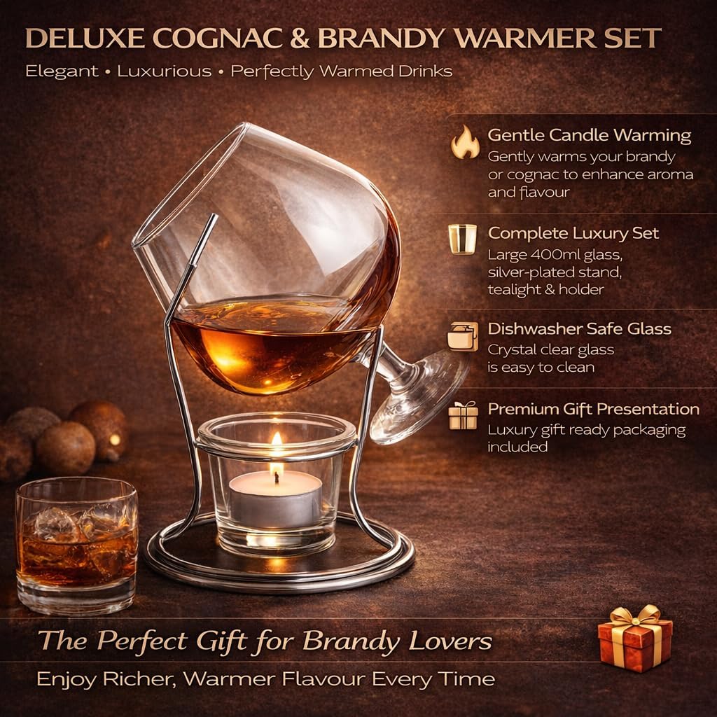 bar@drinkstuff Deluxe Cognac & Brandy Warmer Set Including Brandy Glass, Brandy Warmer Stand, Tealight & Tealight Holder Balloon Glass, Snifter Glass for Brandy, Cognac, Armagnac or Calvados