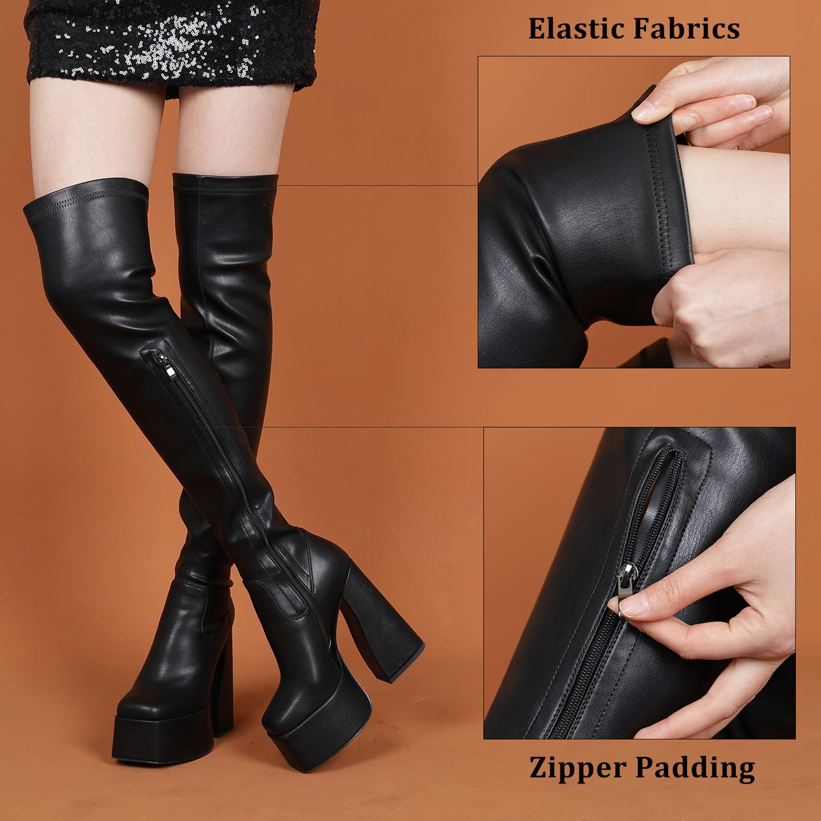 LanreyTaley Platform Thigh High Boots for Women Chunky Block Heels Over The Knee Boots Stretch Go-Go Boot Square Toe Party Boots with Zipper