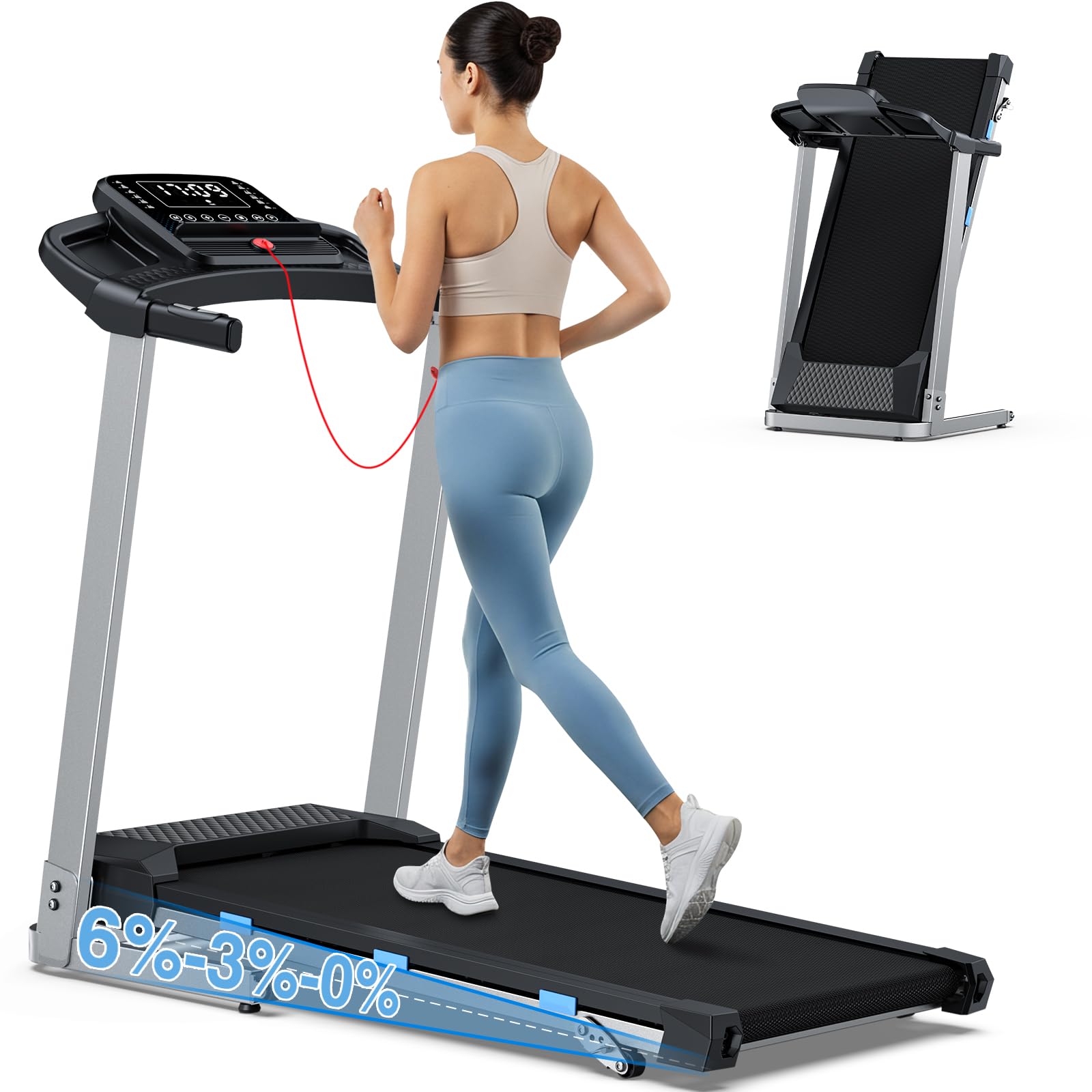 COZYINN Foldable Treadmill with Incline for Home Small - 350 lb Capacity, 3.0HP Quiet Folding Treadmill with Pulse Sensor and Bluetooth Speaker, App/Voice Control, 3 Level Incline, 7.6 MPH