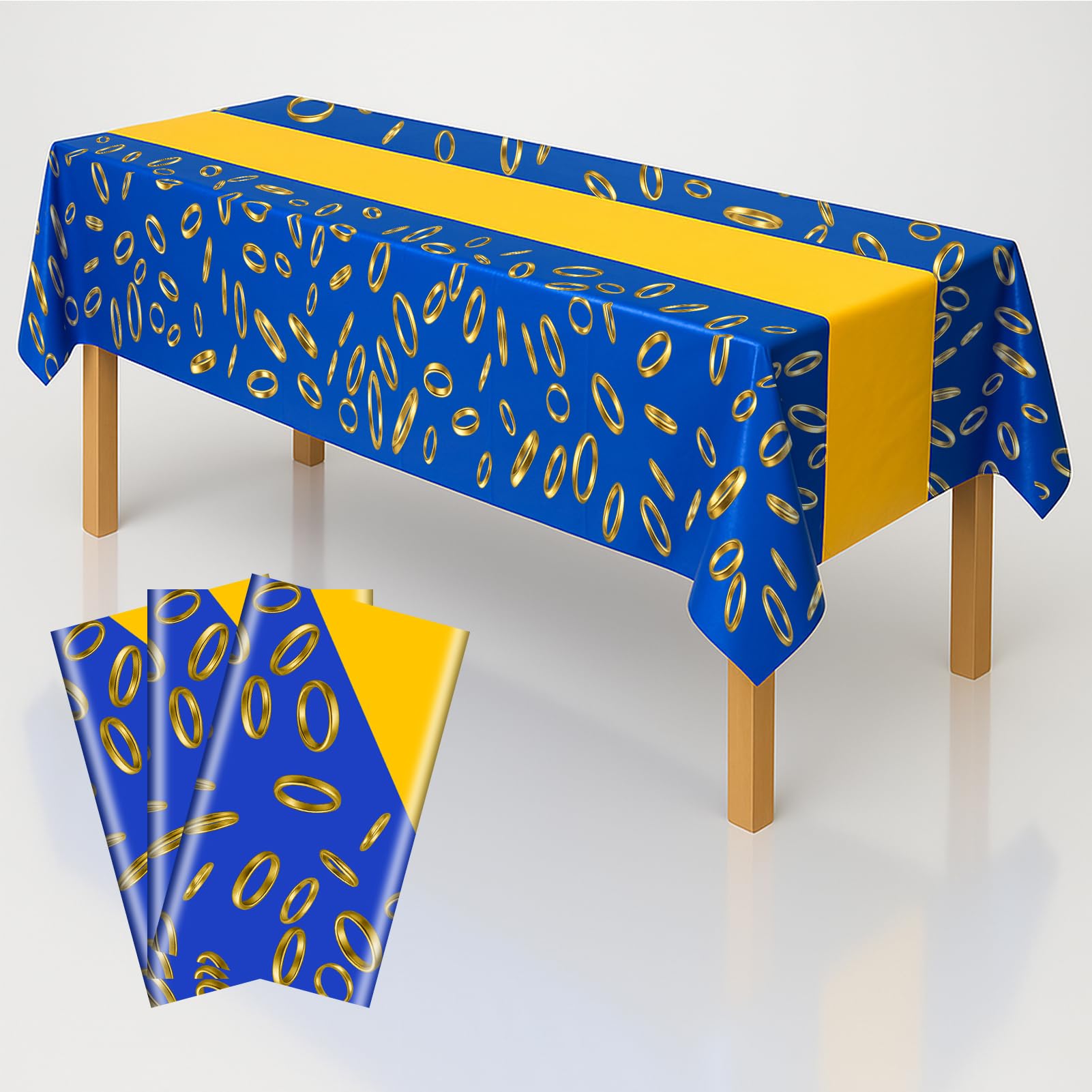 3-Pack Blue &amp; Gold Ring Print Plastic Tablecloths - 108"x54"