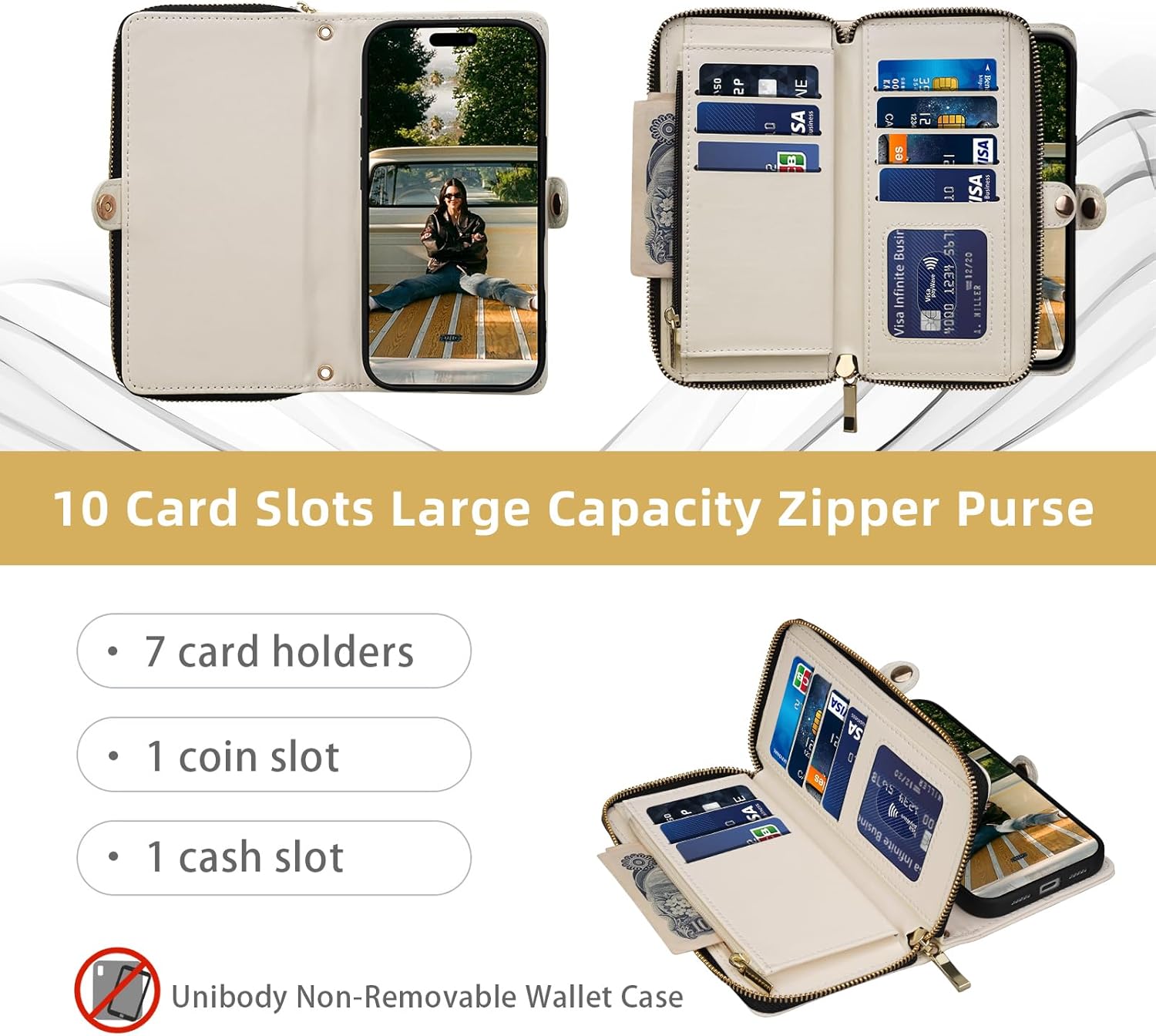 Rssviss Crossbody Case for iPhone 17 Pro Max Case Wallet, RFID Blocking Leather with Card Holder Kickstand, Handbag Zipper Flip Cover with Wrist Strap for iPhone 17 Pro Max Men Women 6.9", White - Image 2