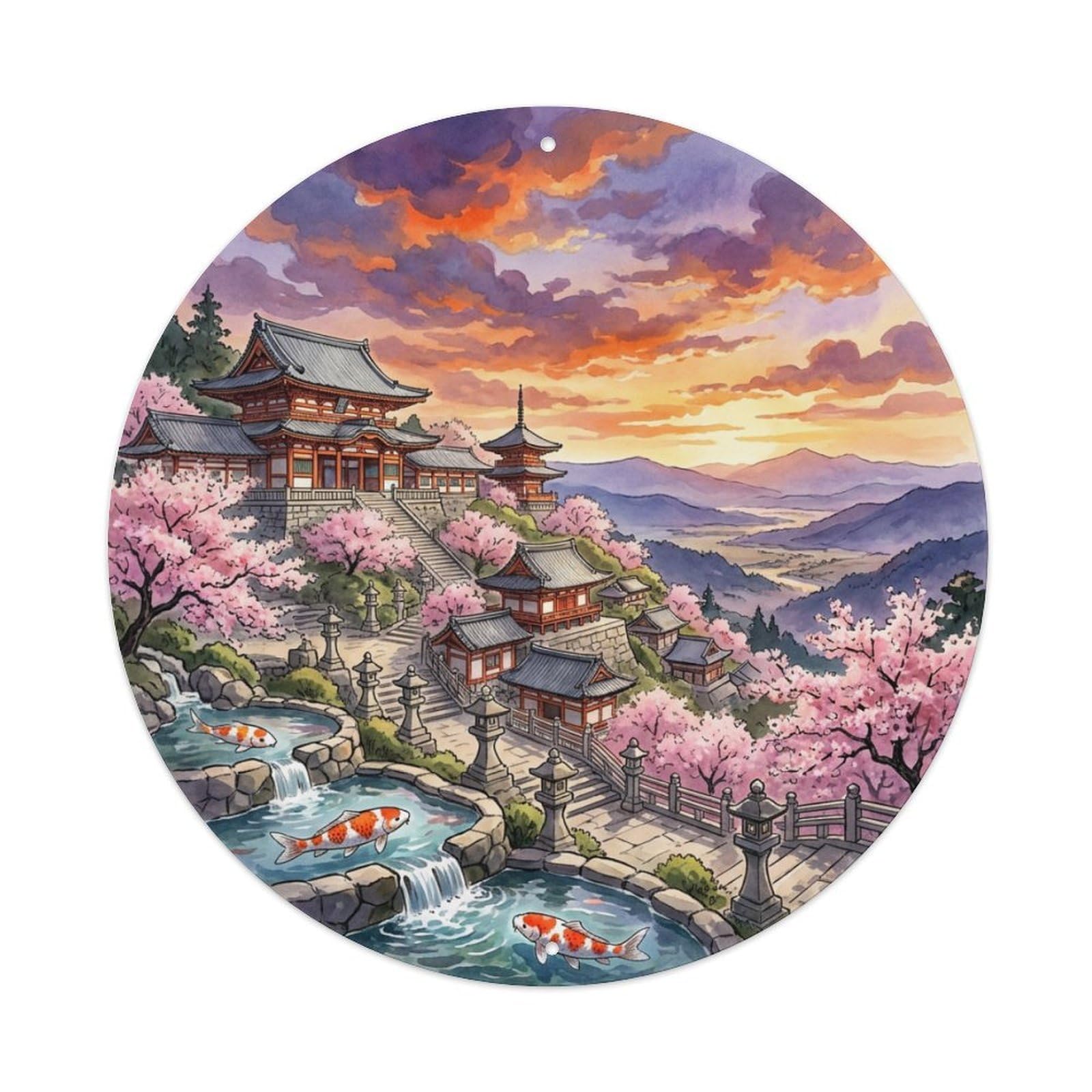 Tgrcjimh Style Metal Tin Sign Japanese Koi Fish Hillside Temple Valley Panoramic