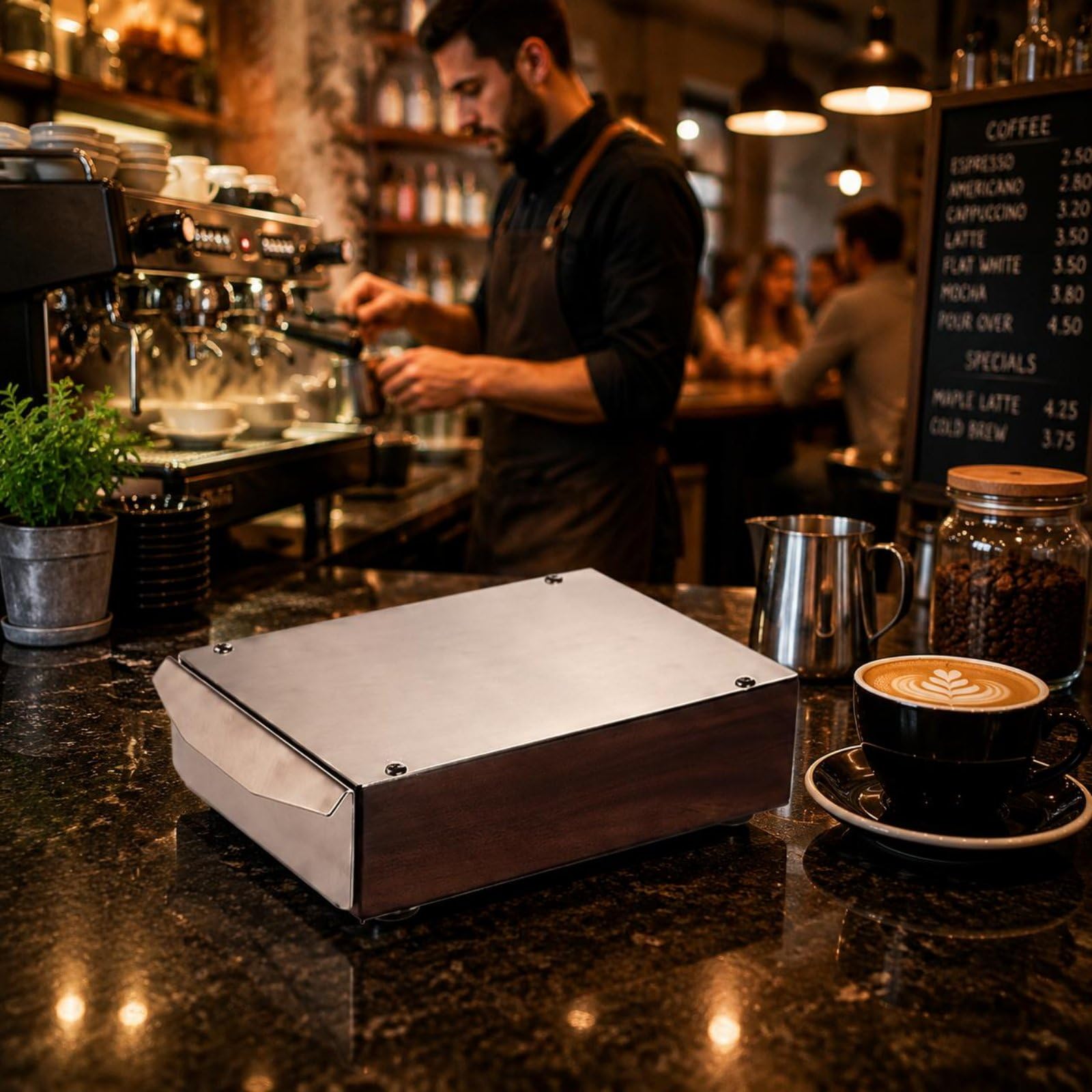 rockible Box Scarta Caffè in Legno Legno Scuro Design Professionale Cassetto Battifondi Caffè Piedini Antiscivolo Cassettino Raccogli-Fondi, Nero