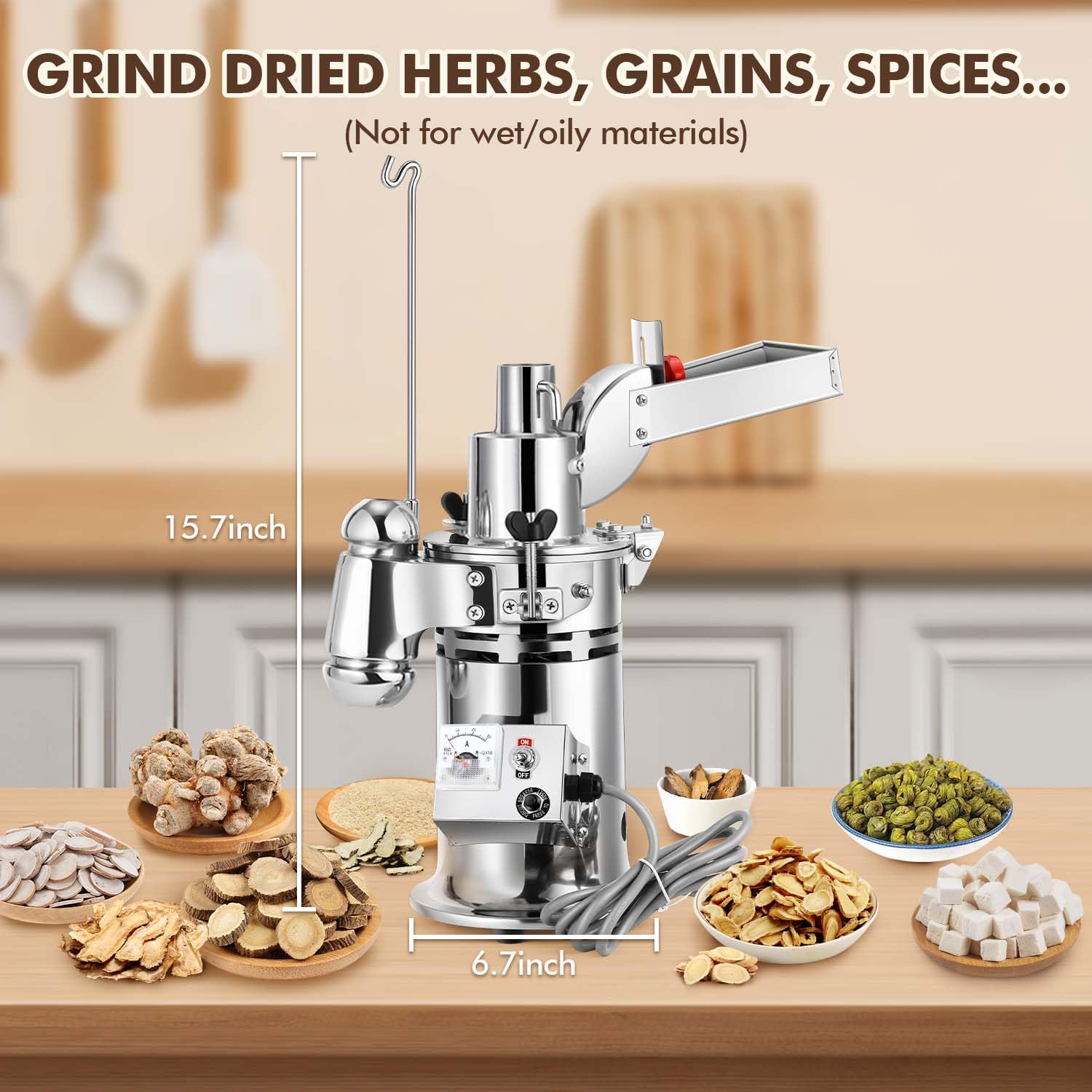 Hammer Mill Molinillo eléctrico de 1200 W, molinillo continuo de hierbas, capacidad de 6.6 a 33 libras/H, con 6 mallas de tamiz, máquina de molienda comercial para granos de hierbas secas, 3