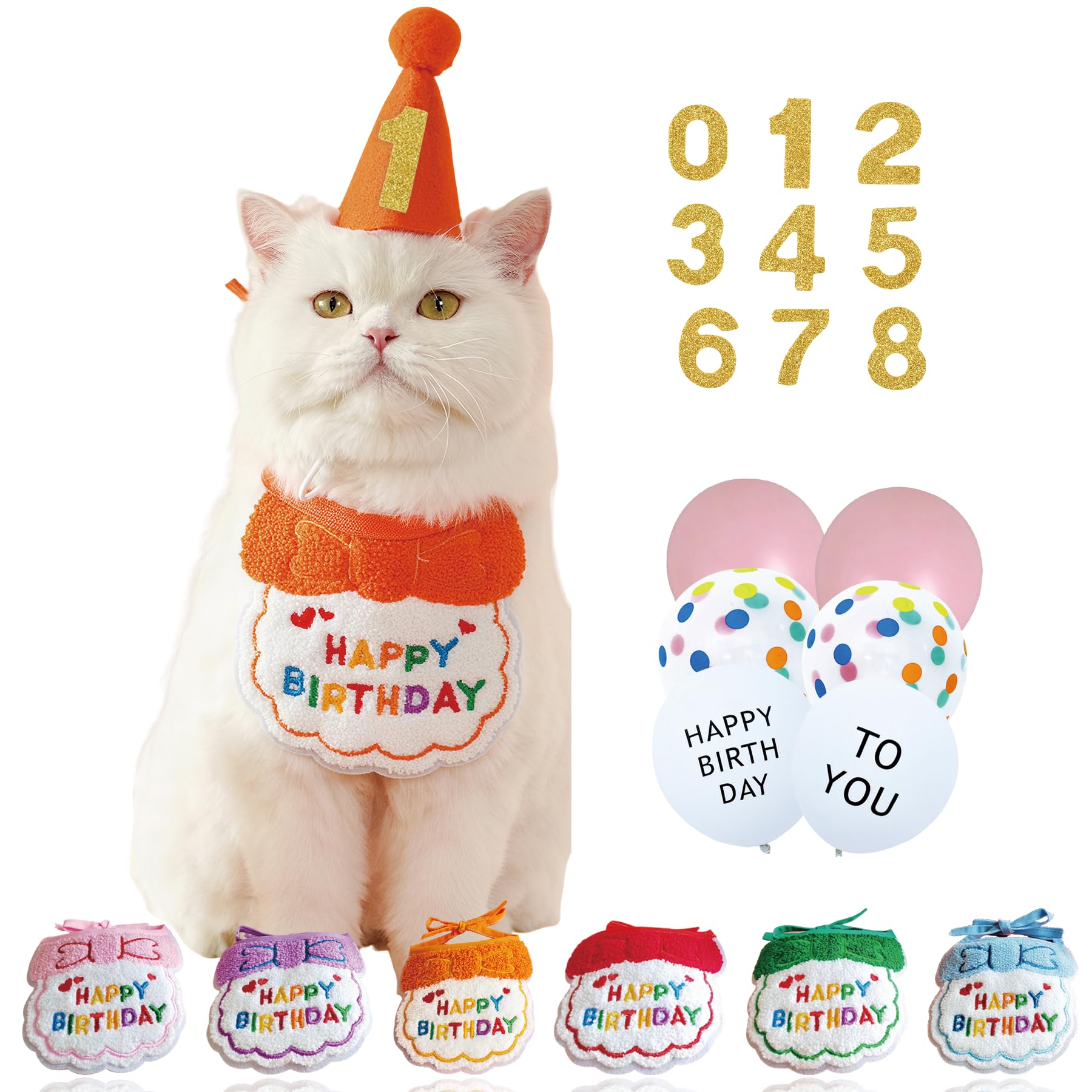 All-in-One Cat Birthday Party Set- Reusable Adjustable Hat & Bandana Decorations with Age Numbers | Complete Kitty Celebration Kit for Memorable Milestones（Orange）