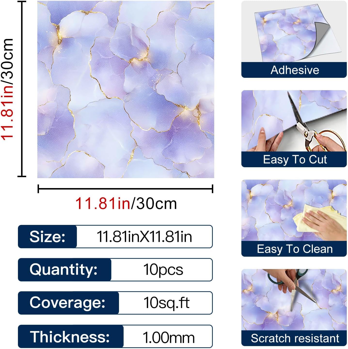 IVN 10PCS 12x12 Inch Peel and Stick Floor Tiles Purple Marble Texture with Gold Vein Accents Removable Self Adhesive DIY Vinyl Flooring Stickers for Entryway Kitchen Bar Studio Home Decor