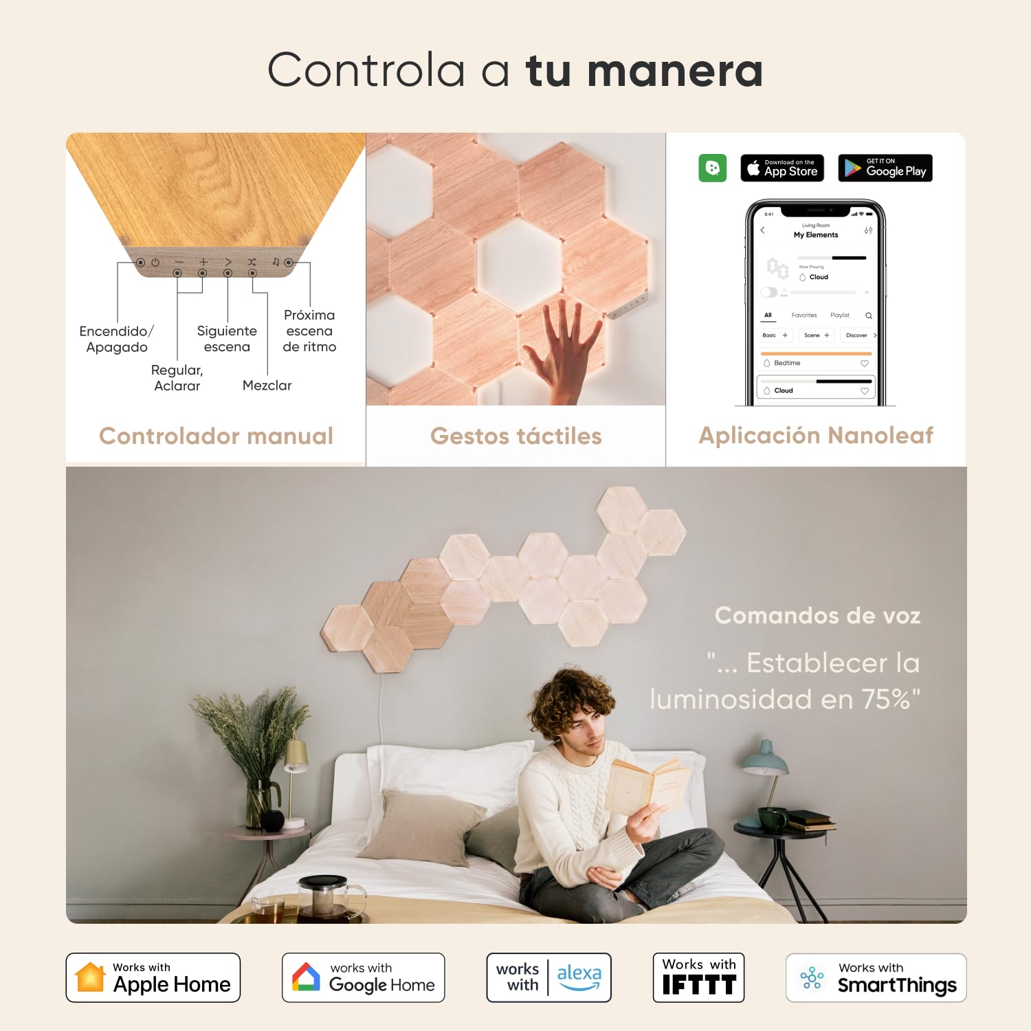 Nanoleaf Elements Paquete de extensión de 3 Hexágonos LED Adicionales Efecto Madera, Apliques Pared Interior Modulares, Luces Led Inteligentes Regulable WiFi, Compatible Alexa, Decoración Habitación
