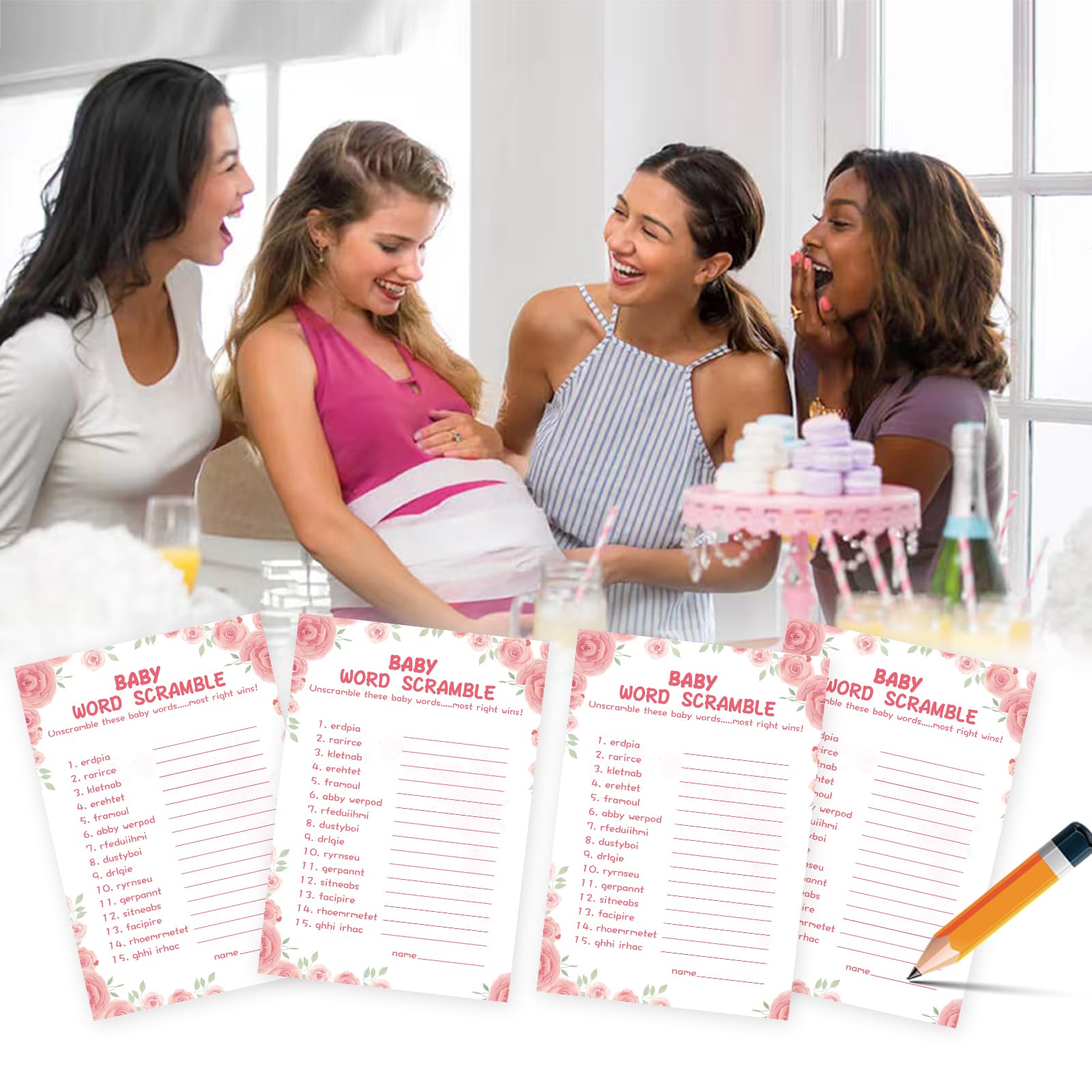 OLOUTAB Zestaw 50 zestawów na baby shower, kwiatowy, gruby karton, zabawny, łatwy do zabawy (z odpowiedzi)