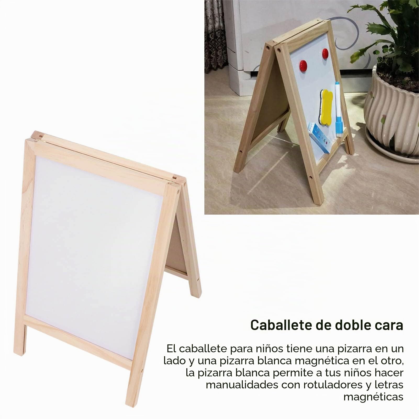 Caballete de Madera de Doble Cara con Rollo de Papel, 25x40 cm, Tablero de Dibujo Grande, Soporte Ajustable, Bandeja de Almacenamiento Plegable