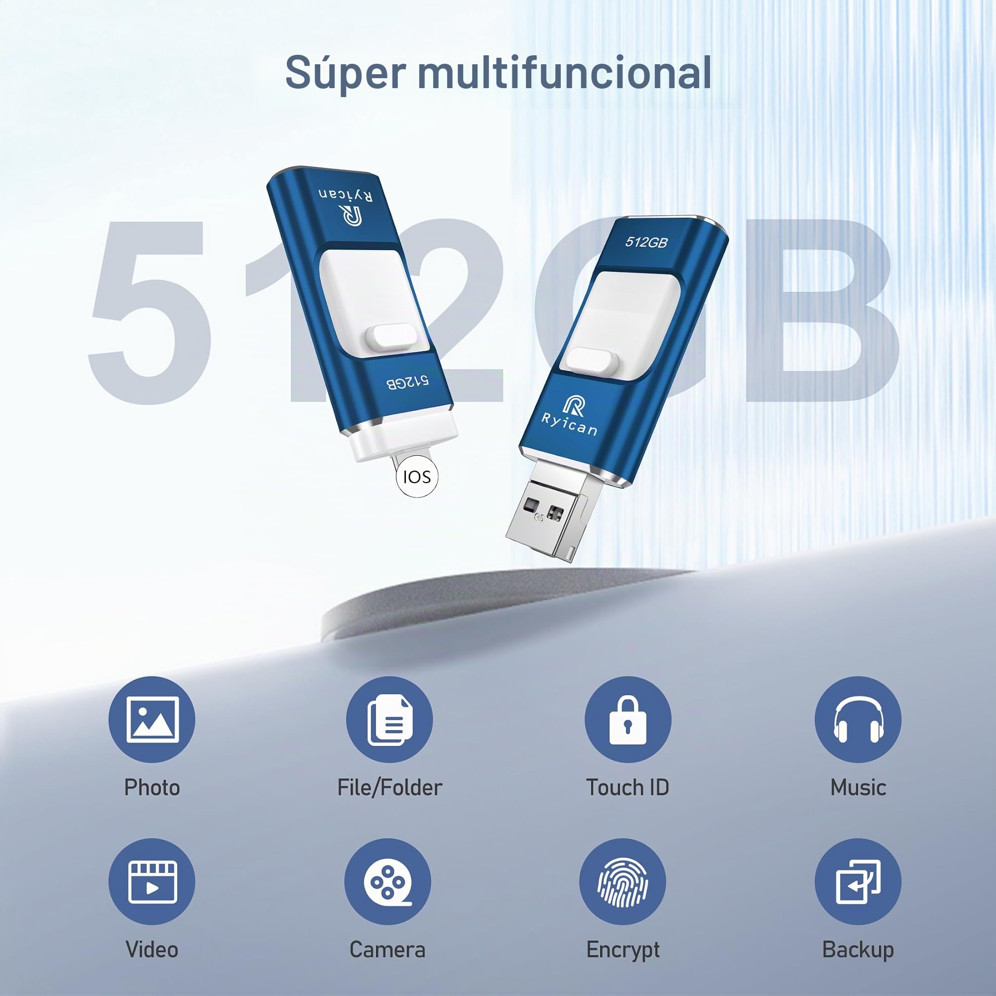 Memoria USB para Phone 512GB,Ryican 4 in 1 Pendrive transmisión de Alta Velocidad Photostick USB 3.0 Memoria Externa para iOS/Pad/Android/Teléfono/PC, Tiene Función de Protección Contraseña,Azul
