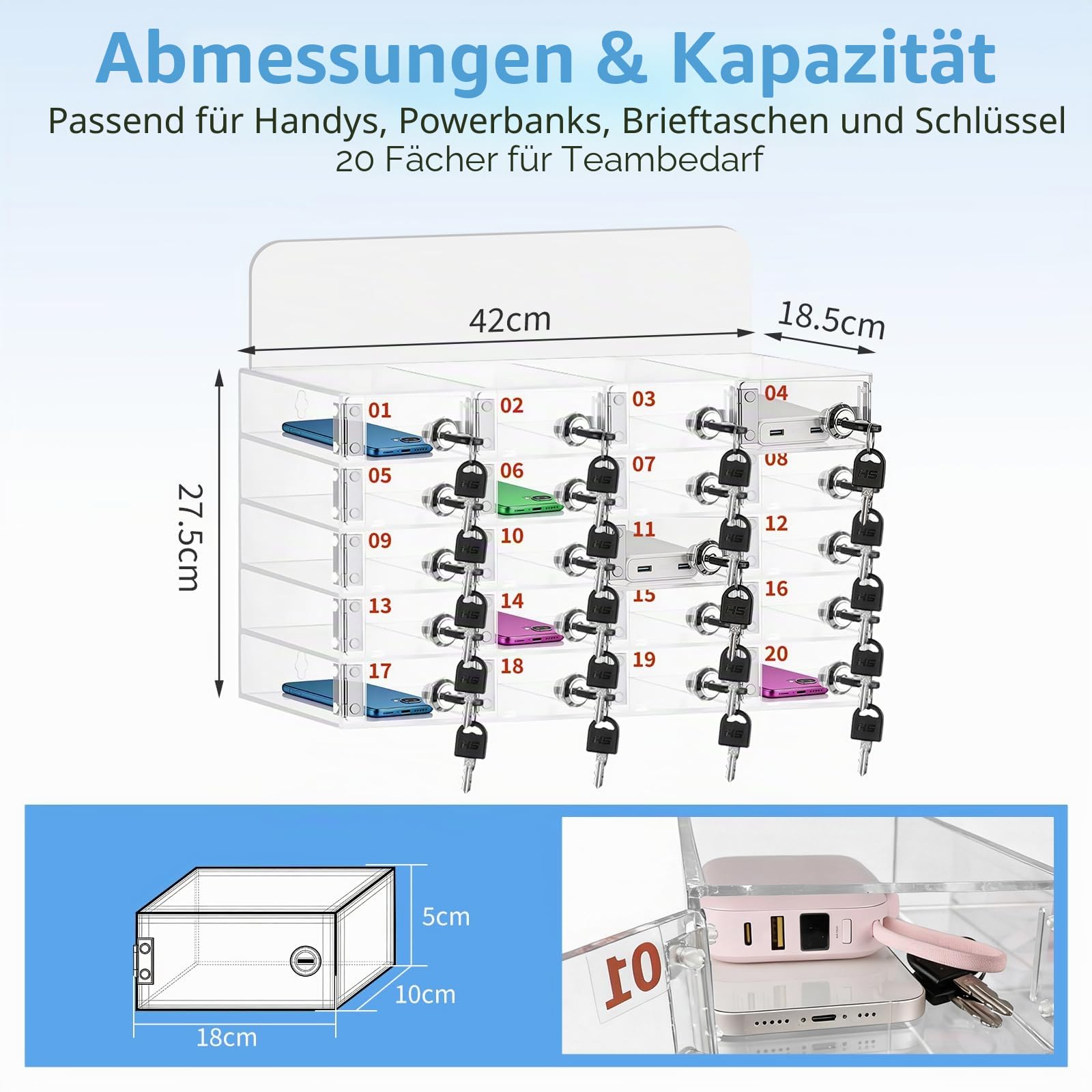 20 Fächern Handysafe mit Unabhängigen Schlössern, Handygarage Handytresor mit 40 Schlüsseln, Transparenter Acryl Handy Aufbewahrungsbox, Wandmontage für Schulen, Klassenzimmer, Büros, Fabriken