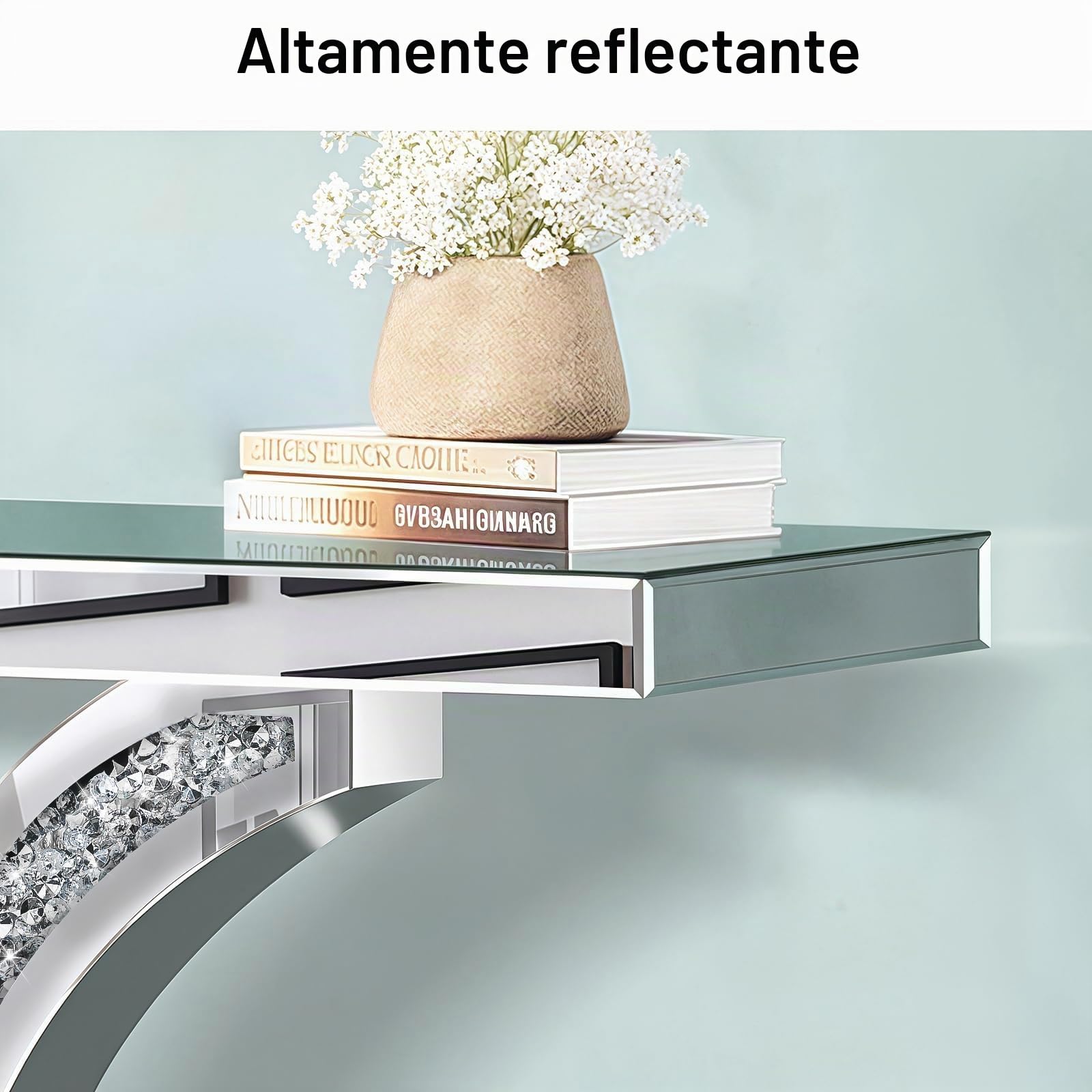 Consola de espejo plateada con incrustaciones de diamantes, mesa de cristal de 100 cm, marco en forma de C, mesa moderna para salón, pasillo, vestíbulo
