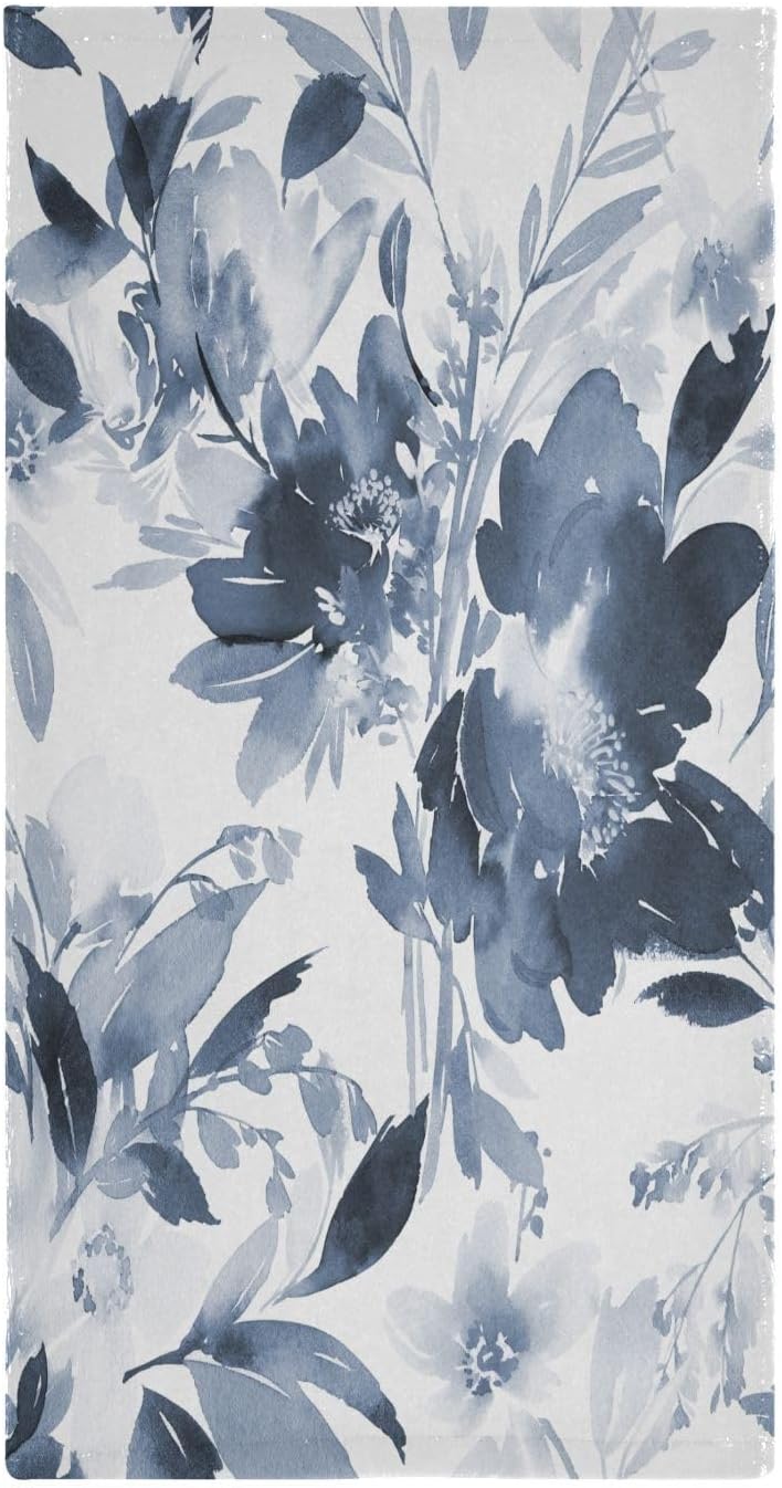 Navy Blue and White Floral Hand Towels for Bathroom Set of 2 Microfiber Vintage Watercolor Ink Flower Plant Kitchen Dish Towels Decorative Bathroom Towels for Face Bath Shower Spa 14"x28" - Image 5