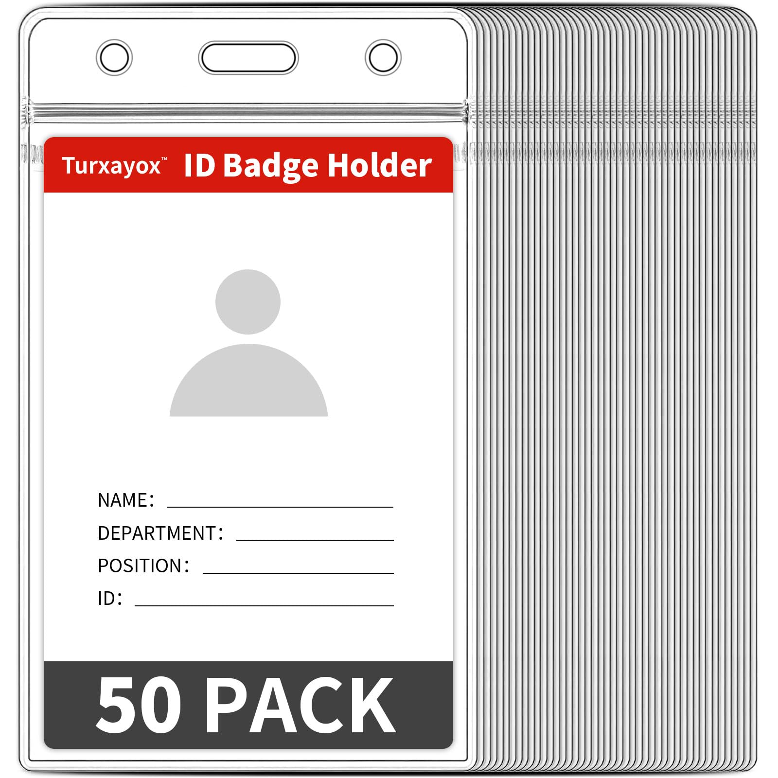 Turxayox 50 Pcs Clear ID Badge Holder, Vertical Plastic Name Tag Protector, Key Card Badge Holders with Waterproof Resealable Zipper for Nurses,