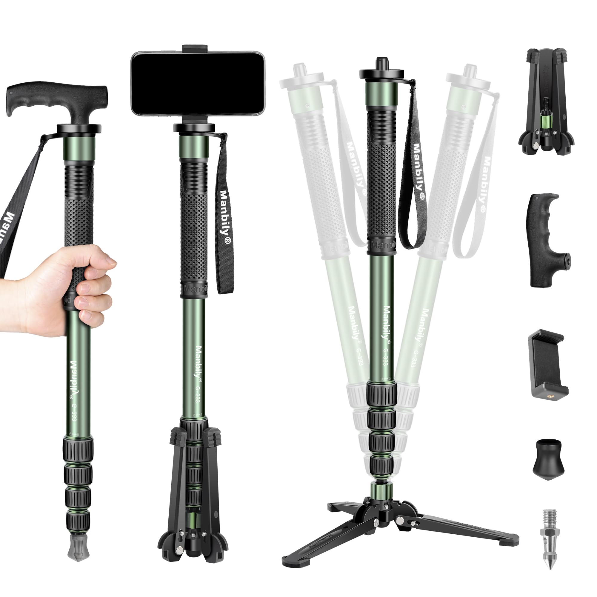 Manbily G-333 Monopode pour Appareils Photo 180cm avec Pied, Support de Poignée de Canne de Marche Aluminium Léger avec Base Trépied de Voyage, 5 Sections Max 10KG, pour Caméra DSLR Caméscope Reflex
