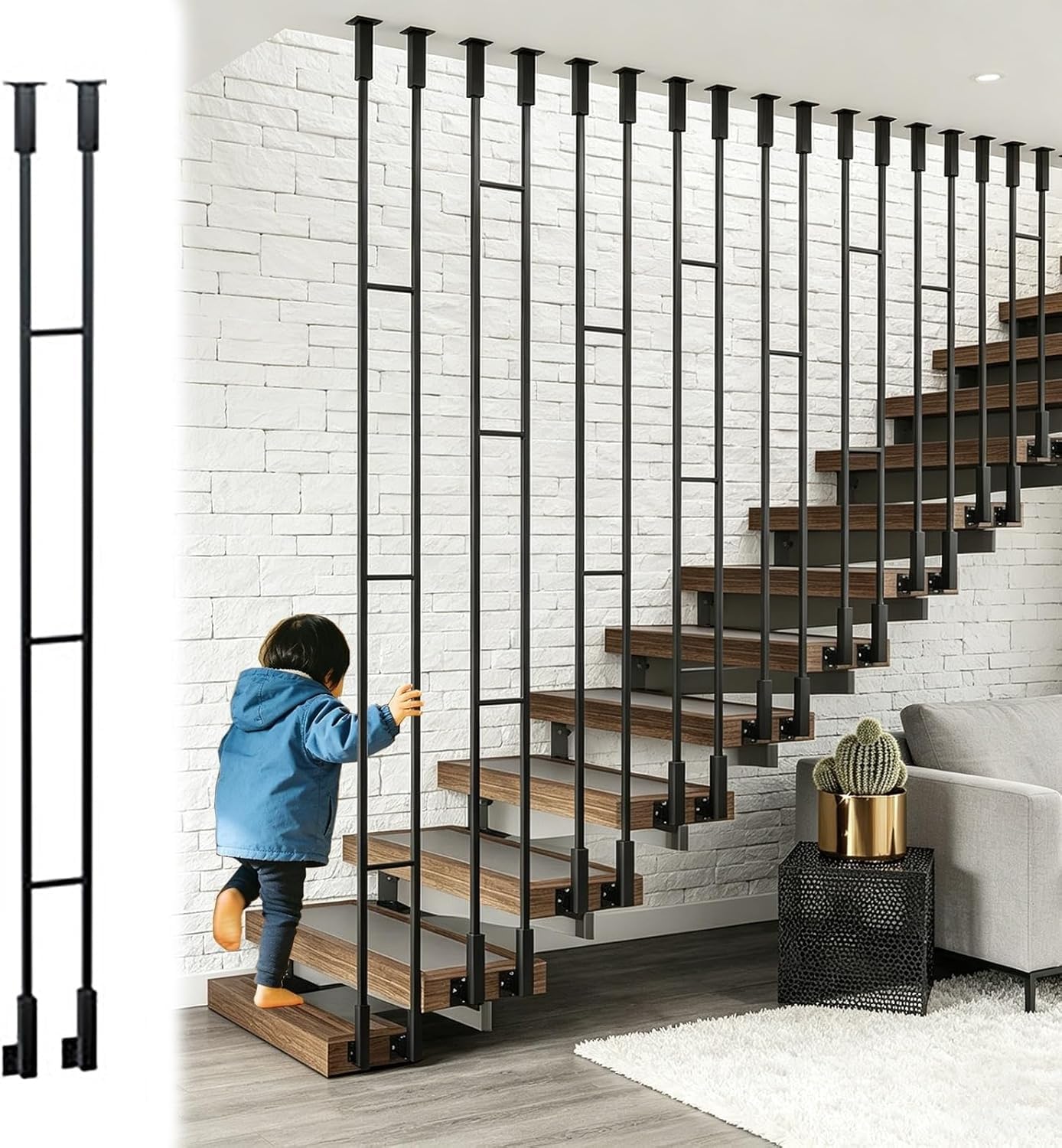 AVLLSO Balusters Handrail Stair Spindles Guardrail Poles for Indoor Stairway Steps, Side Mount Floor-Standing, H - Shaped Interior Step Corridors Guardrail Pole(H-60cm(2ft))