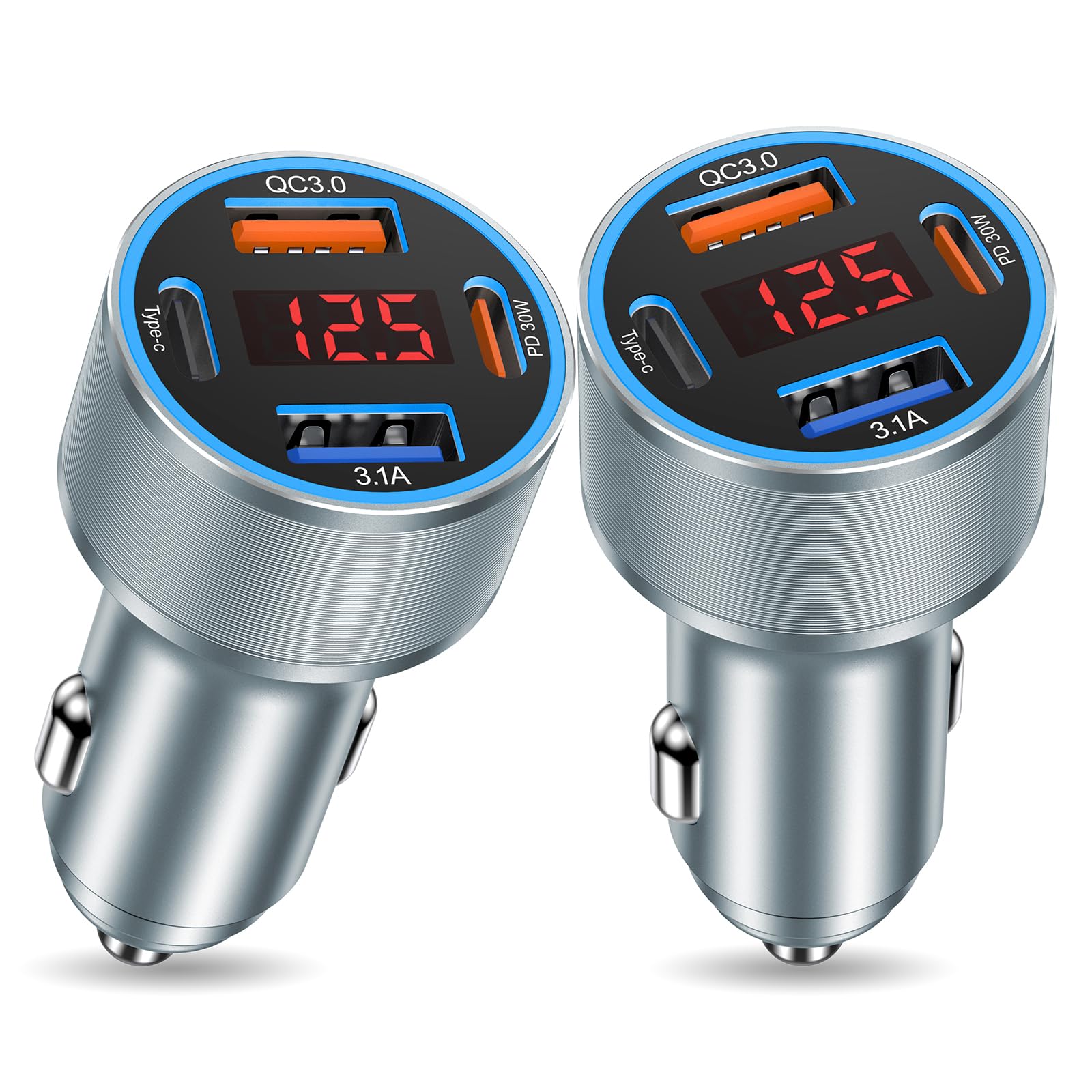 USB C Fast Car Charger, 2Pack 4-Port Fast Charging Car Charger with Voltage Display, Type C Car Chargers for Multiple Devices,USBC Phone Adapter for