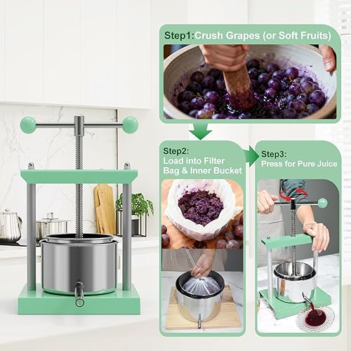 Miniatura 2 de EJWOX Prensa de vino manual verde con mango superior de 0.53 galones - Prensa de frutas y hierbas de acero inoxidable para jugo, sidra, tintura
