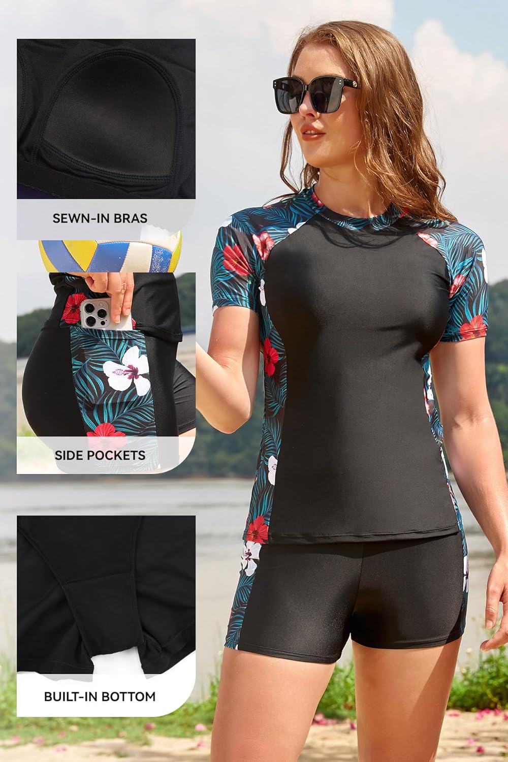 SHEKINI Women's Built in Bra Rash Guard Set 2 Piece Swimsuits with Short Sleeved Top & Boyshort