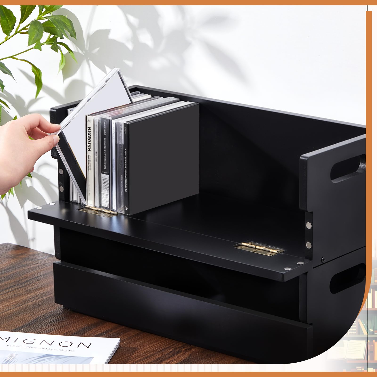CroBlissful Juego de 2 soportes de madera para cajas de almacenamiento de CD, soporte de exhibición de cinta de casete con asas de transporte, estante organizador para fundas de películas, DVD