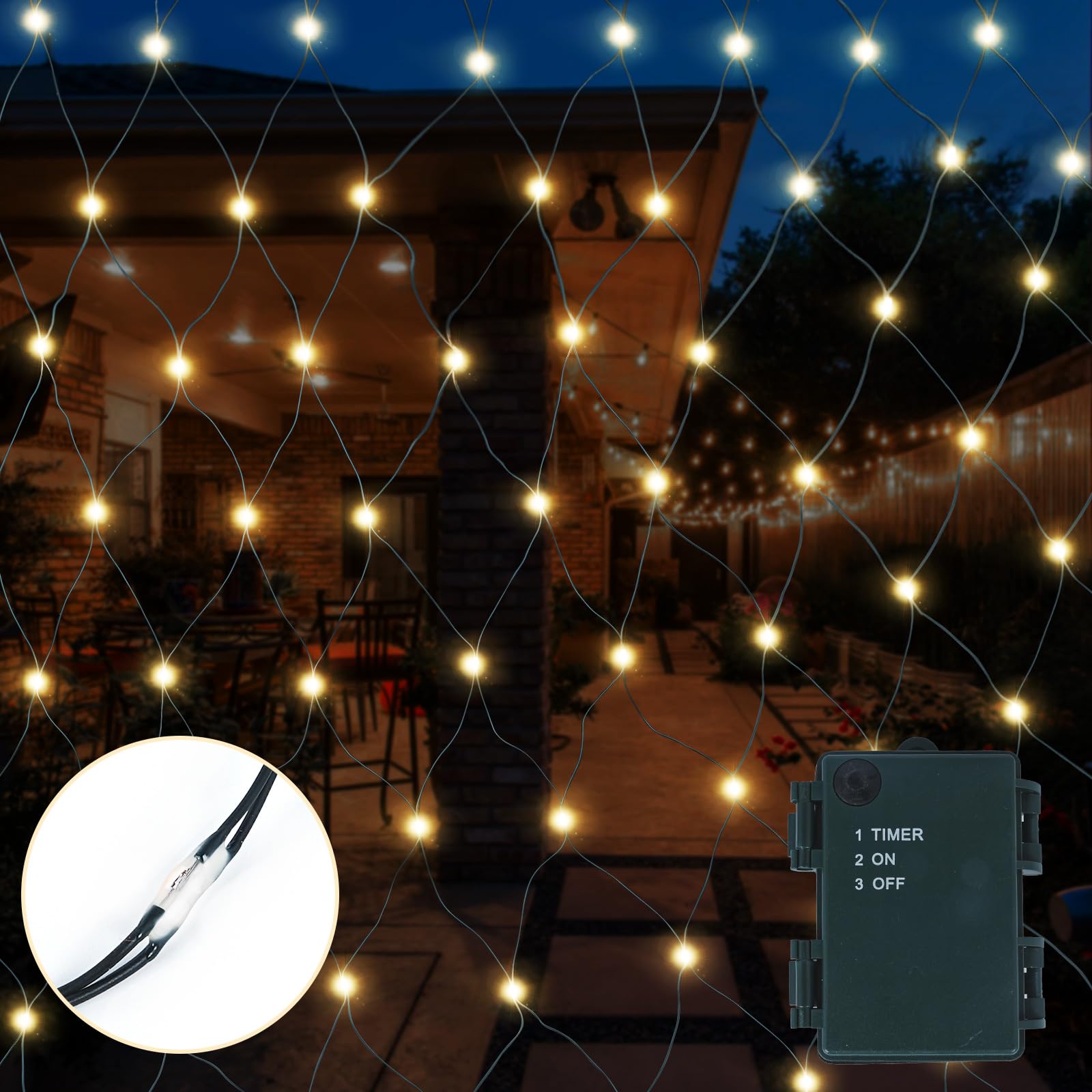 Gresonic Net Lights, 96LED 1.5x1.5m Garden Fairy String Lights Warm White Battery Operated Timer Waterproof Low Voltage Outdoor & Indoor for Fence, Balcony, Gazebo Decor (96LED, Warm White Battery)