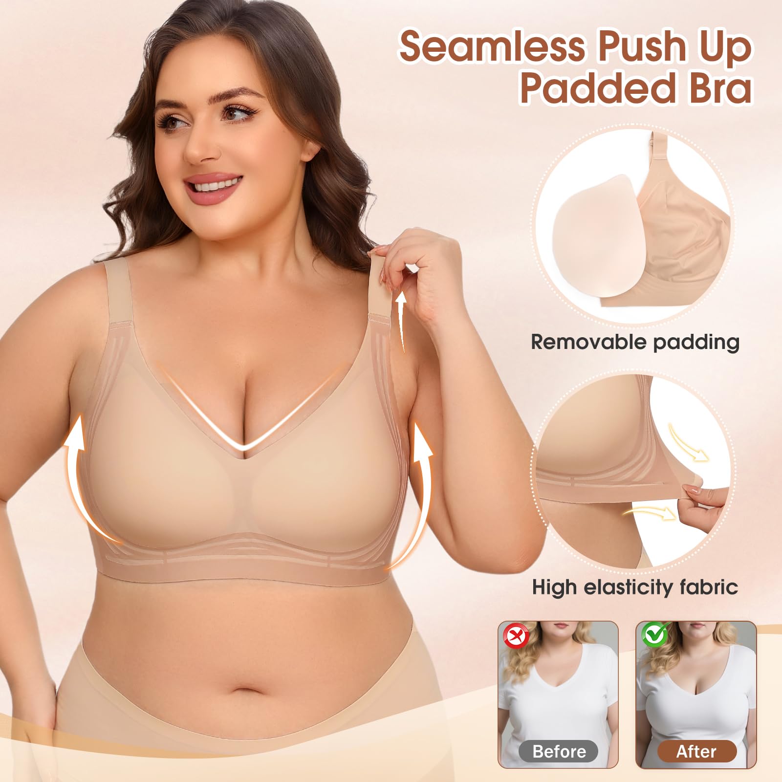 XJBTBA Biustonosze damskie Plus Size Biustonosz push-up bez fiszbin Pełne pokrycie Staniki podtrzymujące Wygodny bezprzewodowy biustonosz bez szwu Biustonosz damski na co dzień z wyjmowaną wyściółką