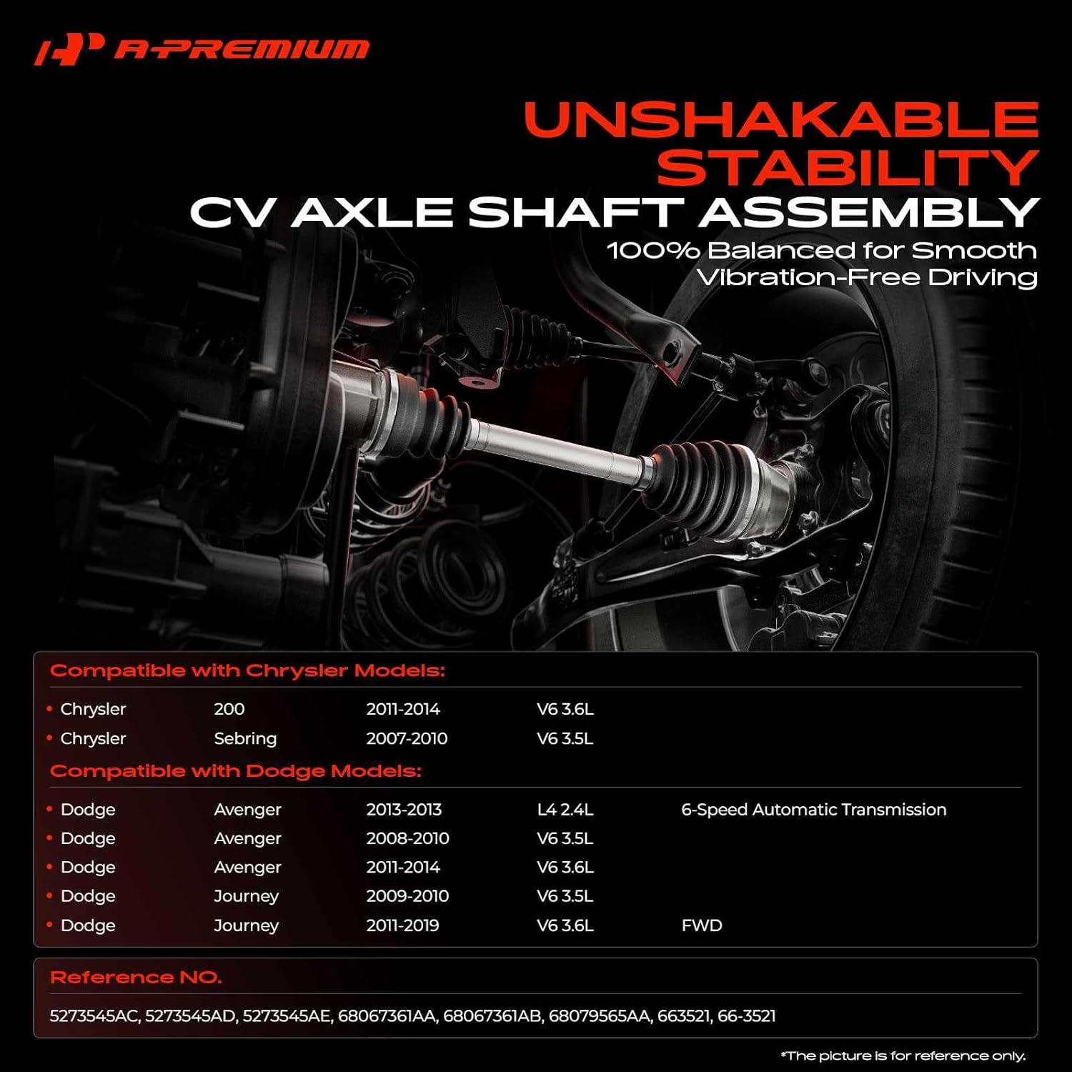 A-Premium CV Axle Shaft Assembly Compatible with Chrysler 200 2011-2014, Sebring 2007-2010 & Dodge Avenger 2008-2014, Journey 2009-2019, 2.4L 3.5L 3.6L, Front Left Driver Side, Replace# 5273545AC