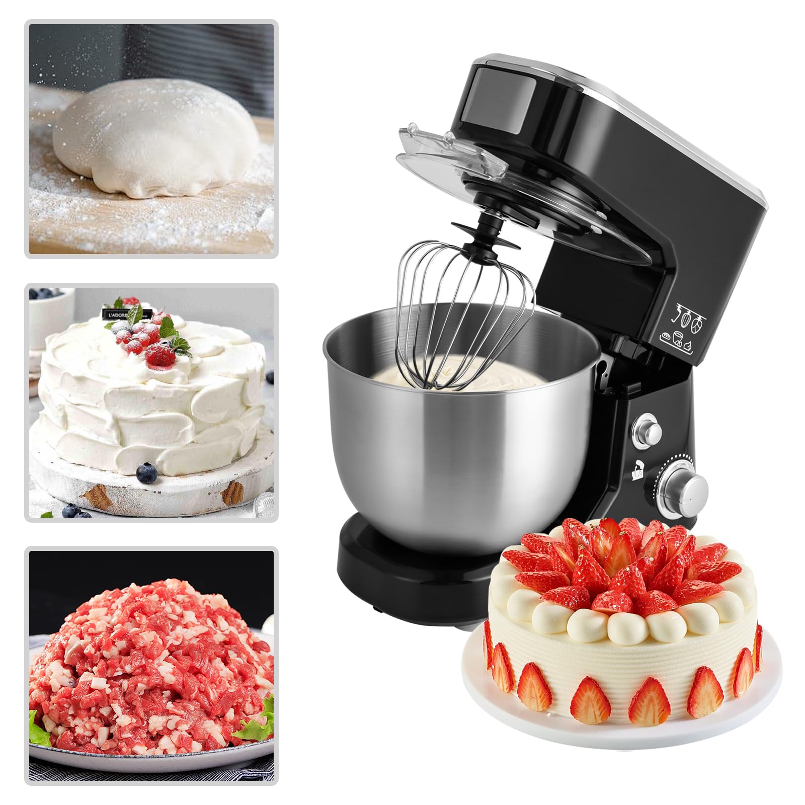 Robot da cucina da 5 l, impastatrice da 1000 W, con 3 livelli di velocità, impastatrice in acciaio inox 304, frullatore cucina, tritacarne elettrico, con frusta e gancio per impastare
