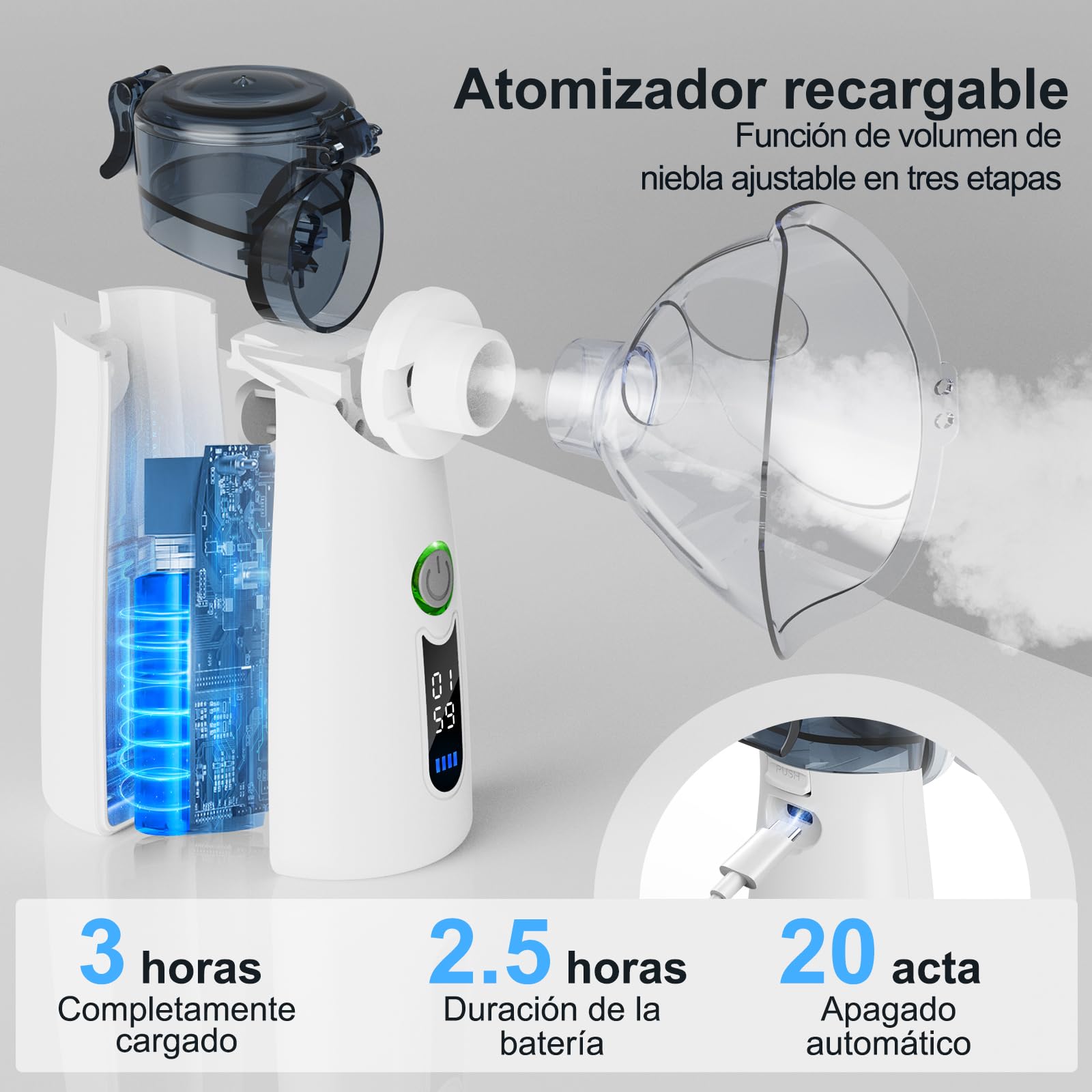 Aerosol Silencioso, Máquina de Aerosol Ultrasónica Portátil, Con Pantalla Digital, Limpieza Residual Automática, Recargable USB-C para Adultos y Niños-Gris